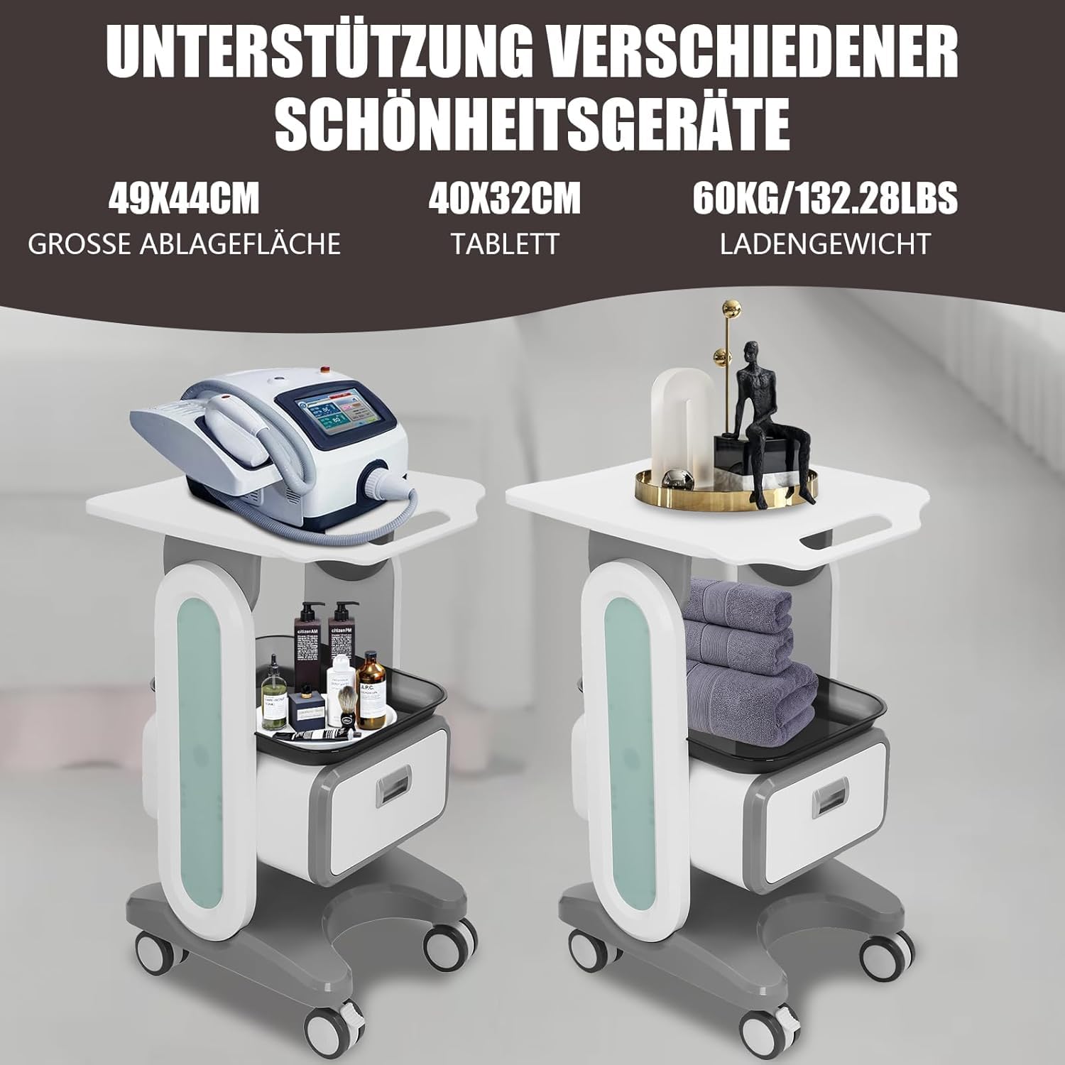 Carrello per cosmetici con 2 cassetti, carrello per salone di bellezza, carrello per attrezzi a 3 piani, con ruote frenanti, carrello mobile per studi estetici e applicazioni mediche