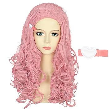 VGbeaty Adult Long Wavy Pink Wig with Pink Heart Hair Clip