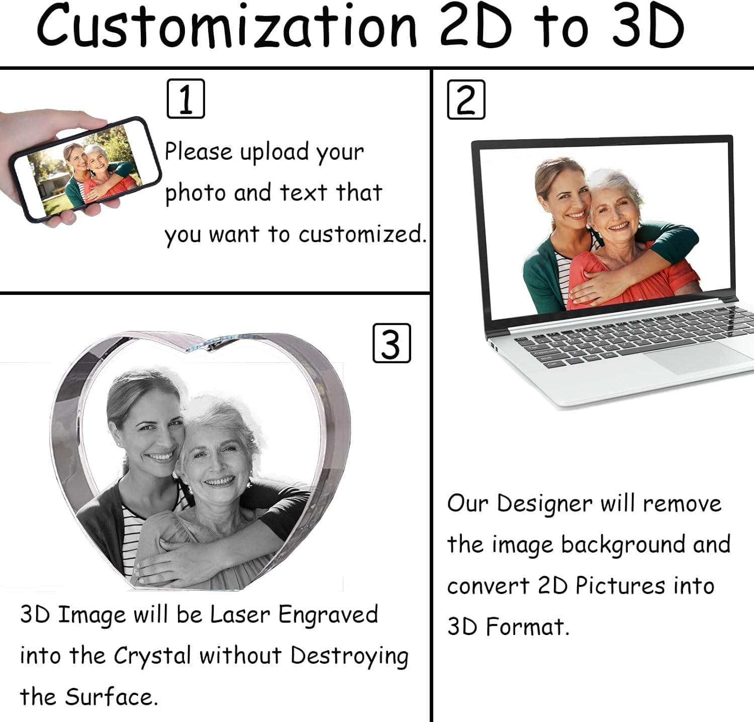 Marco de fotos de cristal 3D grabado personalizado en forma de corazón con tu propia foto regalo para amantes, familia, cumpleaños, boda, Navidad (mediano)