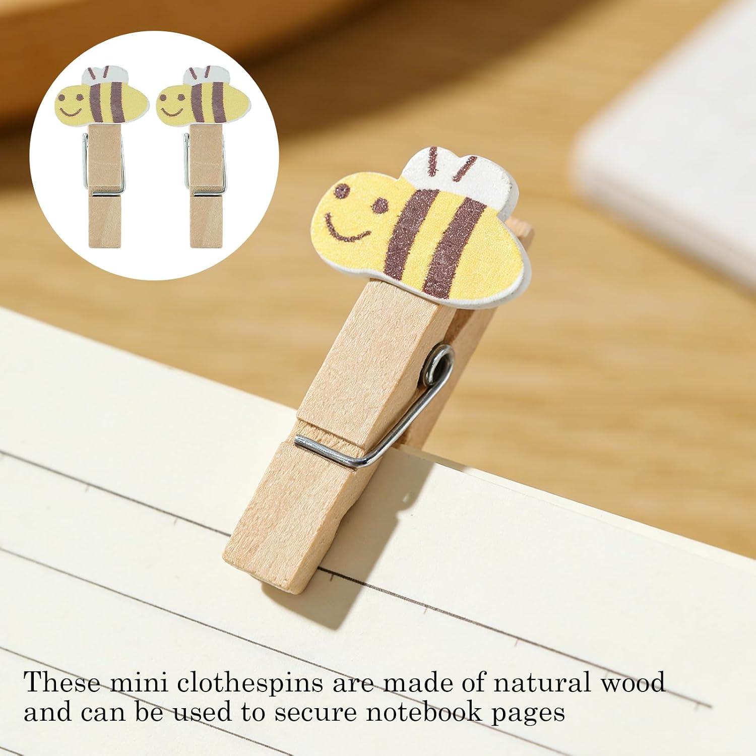 40Pcs Bee Wooden Clothespins, Mini Cartoon Wood Clips
