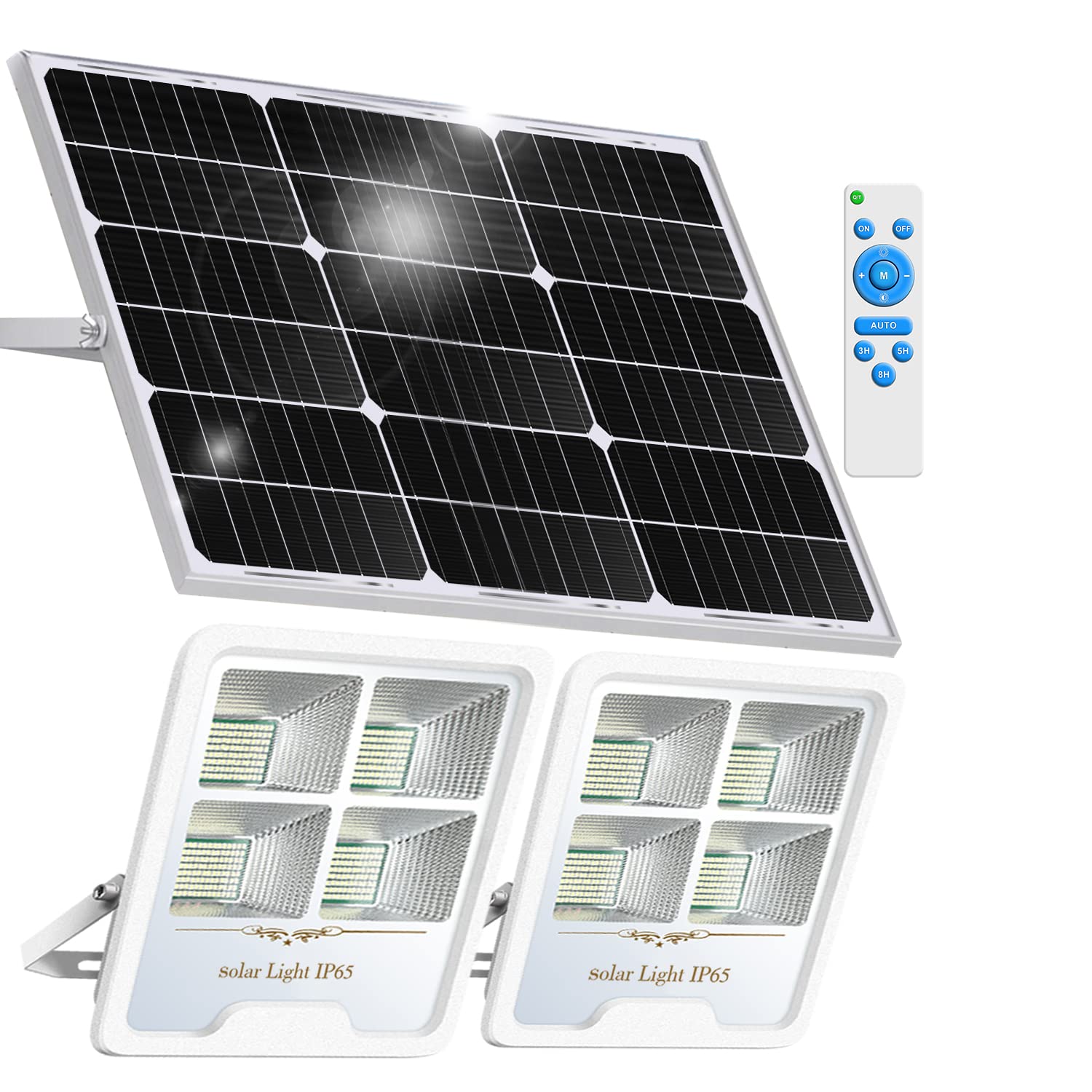 Gebosun White 2-Pack 300W LED Solar Flood Light, Remote Controlled, Dusk to Dawn, 30,000Lumen, 6000K, IP65 Waterproof for Shed Backyard Garden