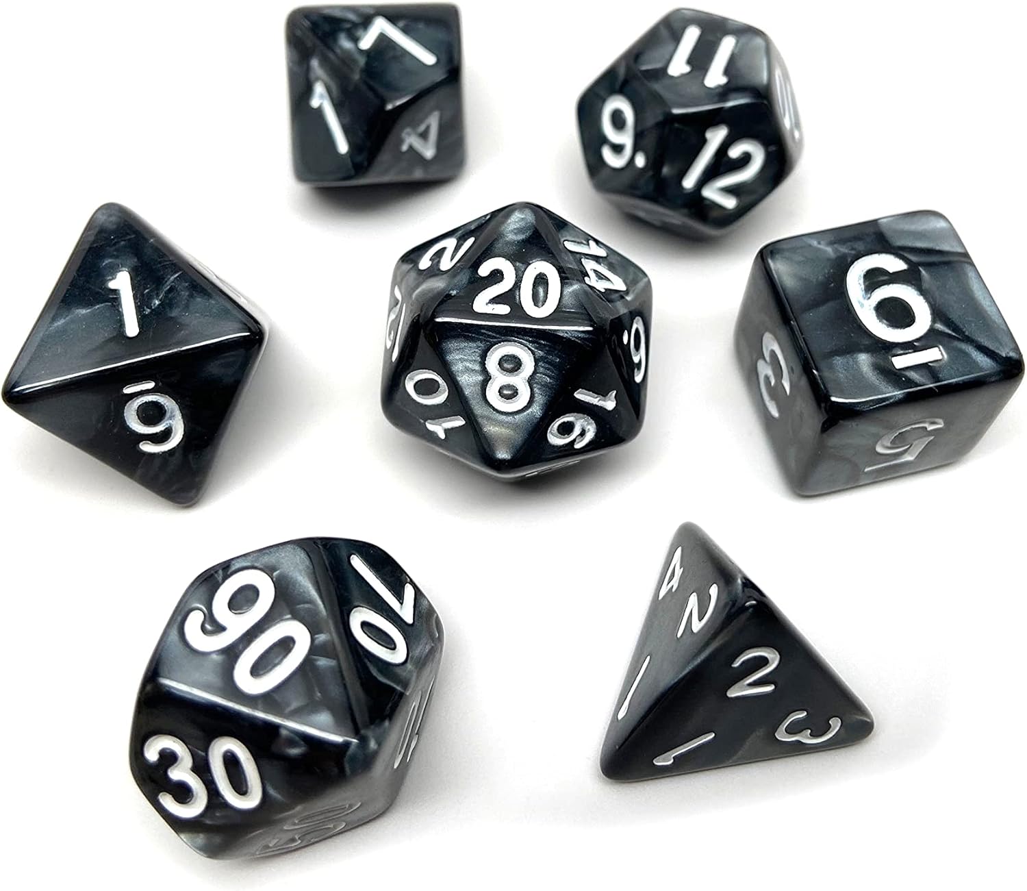 Marble Swirl Polyhedral Dice Set - 7 Piece Dice Set with One D20, D12, D10, D8, D6, D4, and D00 (Black Marble with White Font)