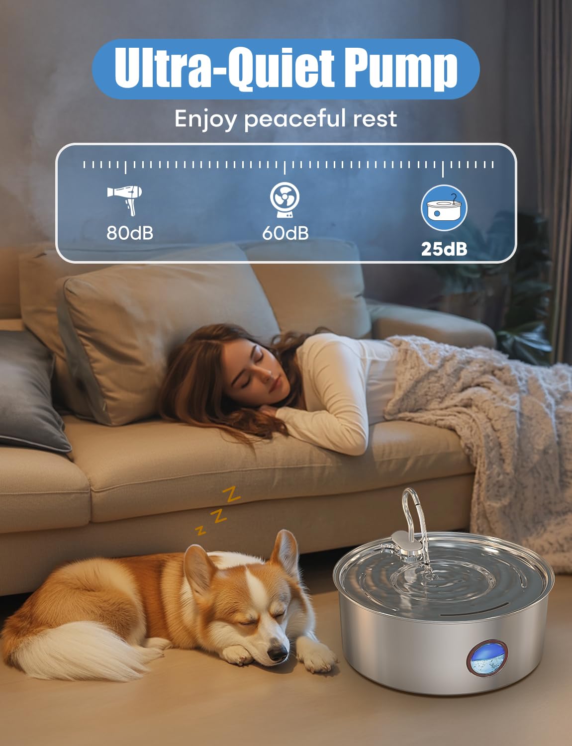 subteenmate Fuente de agua para perros grandes, dispensador automático de fuente de agua para perros de acero inoxidable de 8L/280 onzas, cuenco de agua automático para mascotas con bomba
