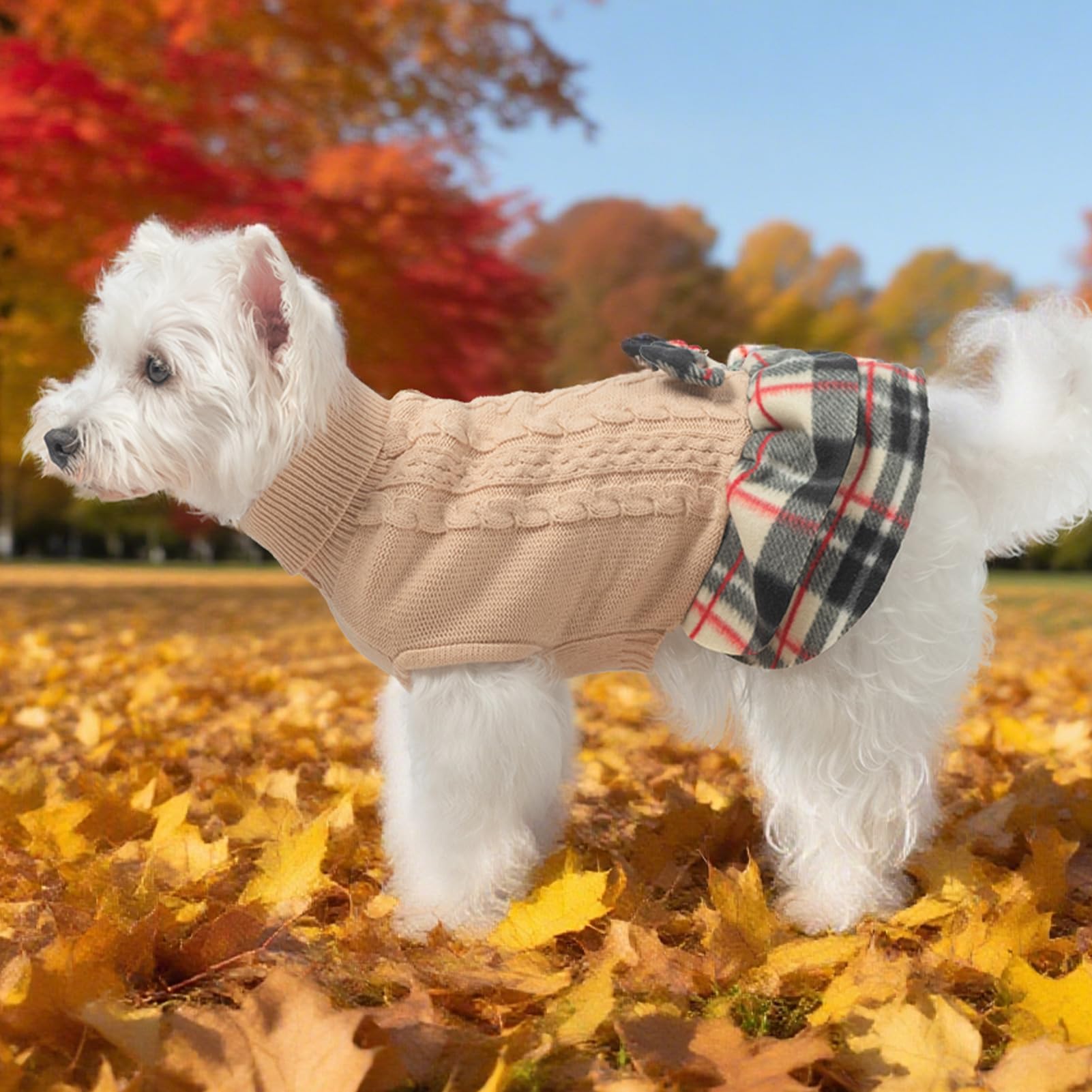 BEAUTYZOO Hundepullover für Mädchen, Zopfmuster, Hundepullover für kleine Hunde und Mädchen – Rollkragenpullover mit kariertem Rock und Fliege, warmes Hunde-Strickkleid für kaltes Wetter, Winter