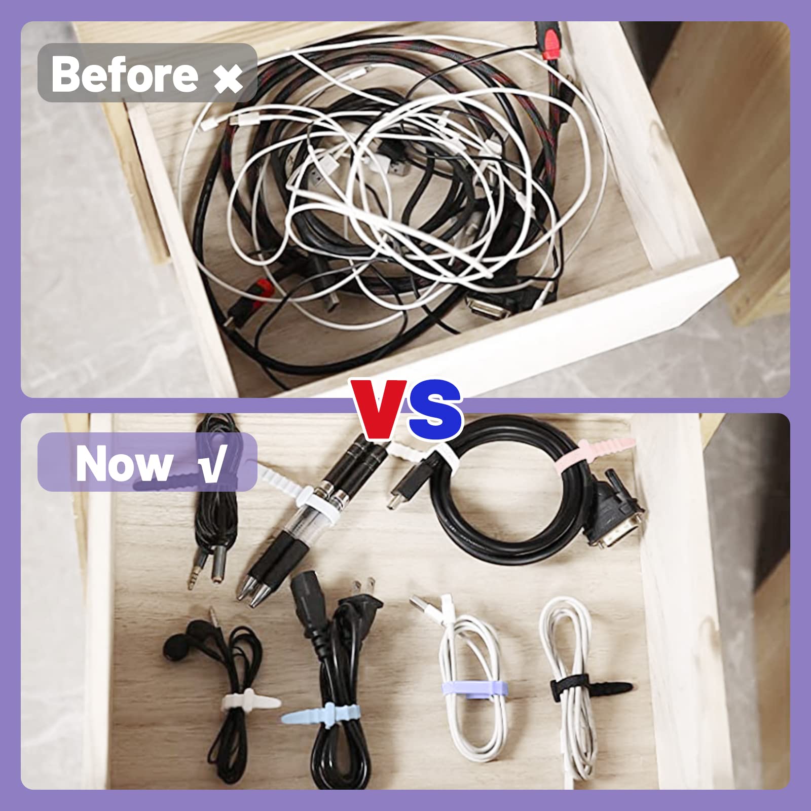 50 fascette in silicone riutilizzabili, fascette stringicavo in gomma per cavi, organizer per casa, ufficio, tavolo, scrivania. Fascette da 11,4 cm in bianco, nero, rosa, viola e blu
