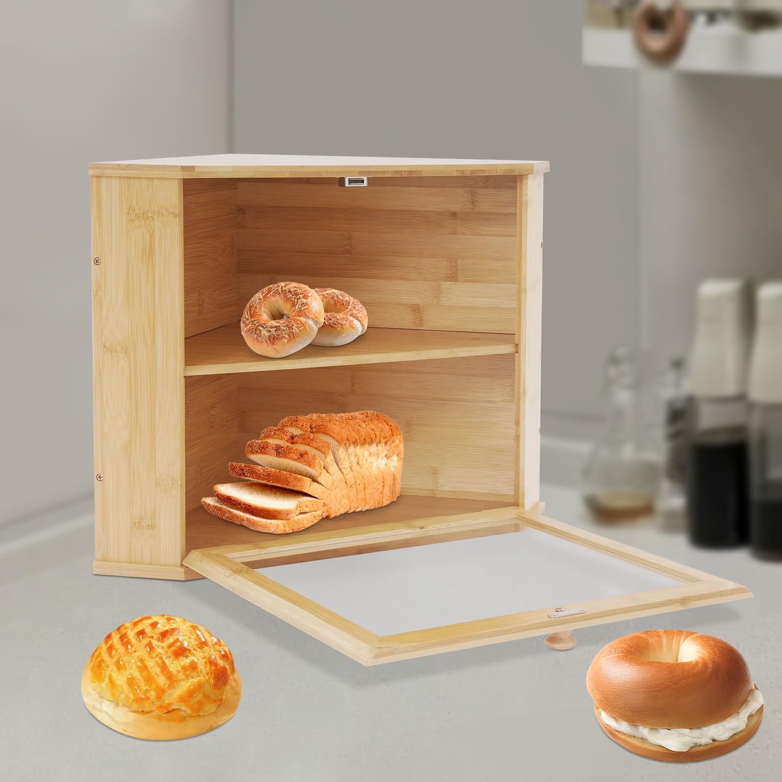 Dwuwarstwowy chlebak, trójkątny design, na blat kuchenny, bambusowy pojemnik na chleb z magnetycznymi drzwiami i okienkiem, wodoodporny i odporny na pleśń, na chleb, muffinki (kolor drewna)