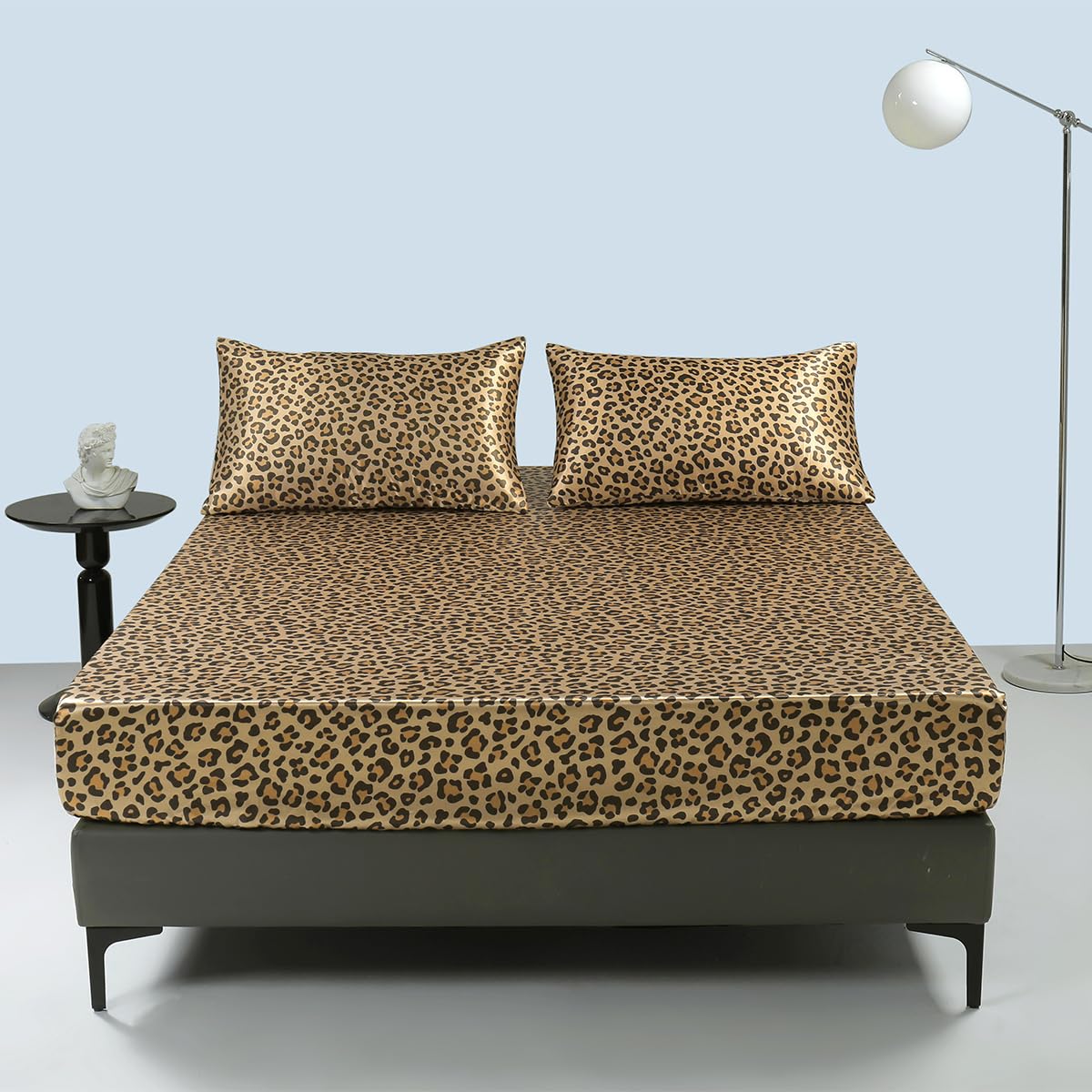 Damier Sábana bajera de satén, 160 x 200 cm, color dorado, estampado de leopardo, seda, brillante, de satén, apta para colchones de hasta 25 cm