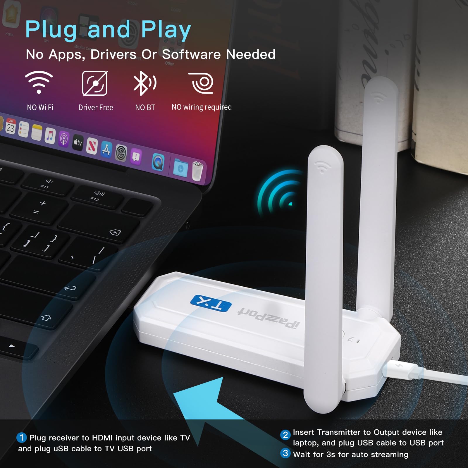 Docooler Do bezprzewodowego nadajnika HDMI, wyświetlacz Dual-Mode 5 GHz, stabilna transmisja do laptopów, aparatów, konsoli do gier, zasięg transmisji do 164 stóp, kompatybilny bezprzewodowy nadajnik