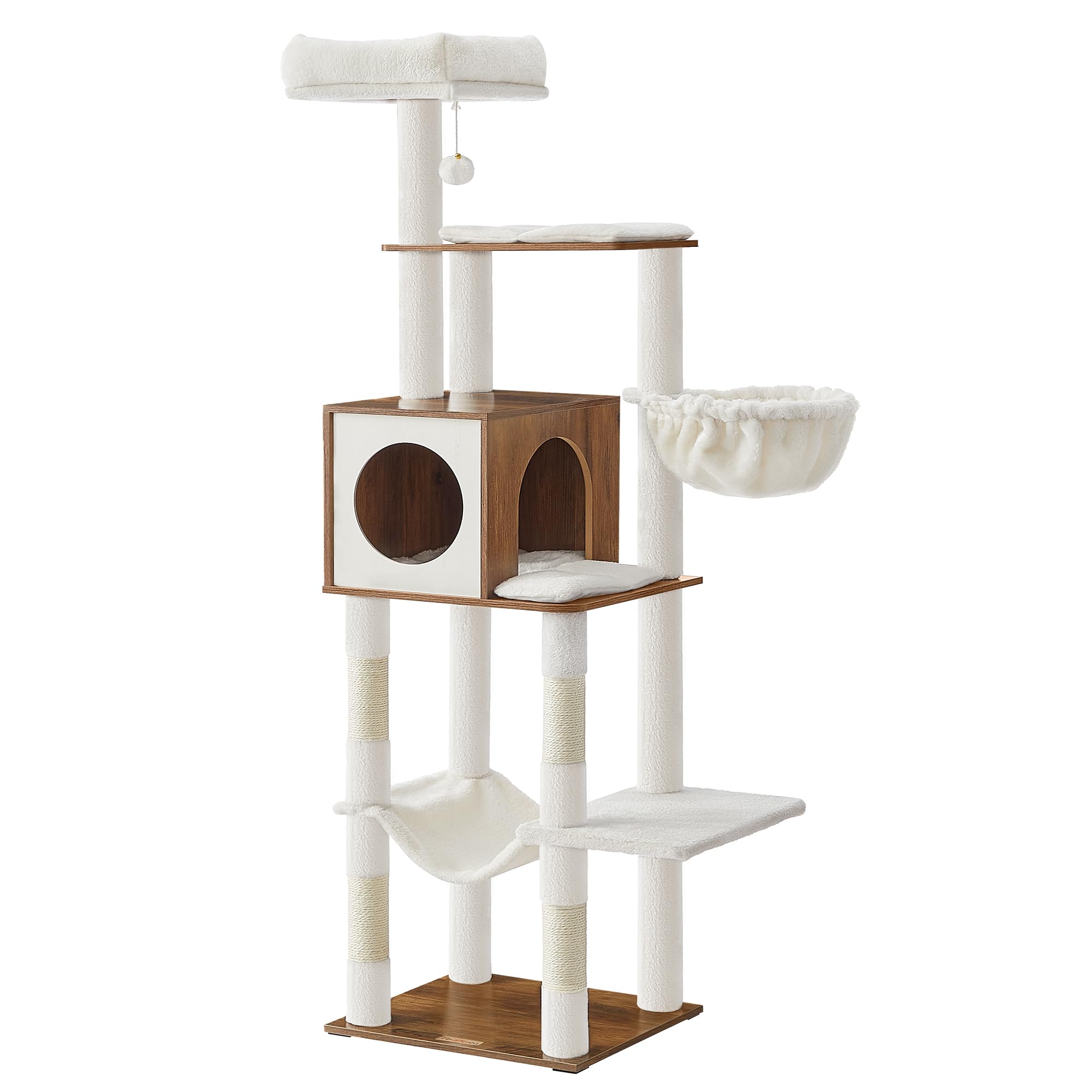 Feandrea Kratzbaum groß, 165 cm hoch, Katzenbaum, mehrstöckiger Katzenkratzbaum mit Höhle, Liegemulde, Hängematte, Plüschball, Kratzstämmen, honigbraun PCT118K03