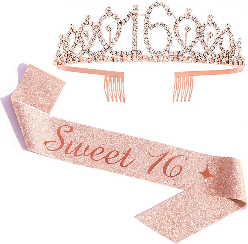 ADBettyRose Gold Sweet 16 Sash & Tiara Set - 16th Birthday Sash, Tiara, Girls, Female, Birthday Party Kit, Accessory, Headwear, Women's Department