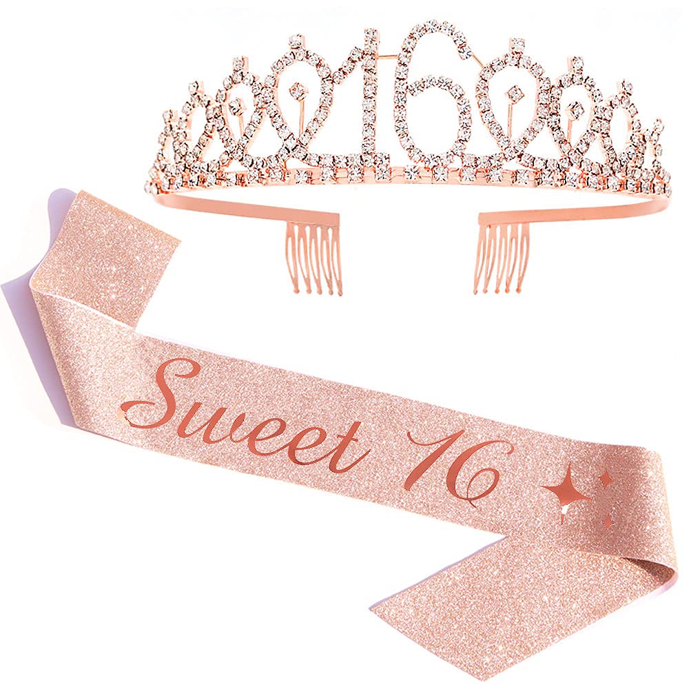 ADBettyRose Gold Sweet 16 Sash & Tiara Set - 16th Birthday Sash, Tiara, Girls, Female, Birthday Party Kit, Accessory, Headwear, Women's Department