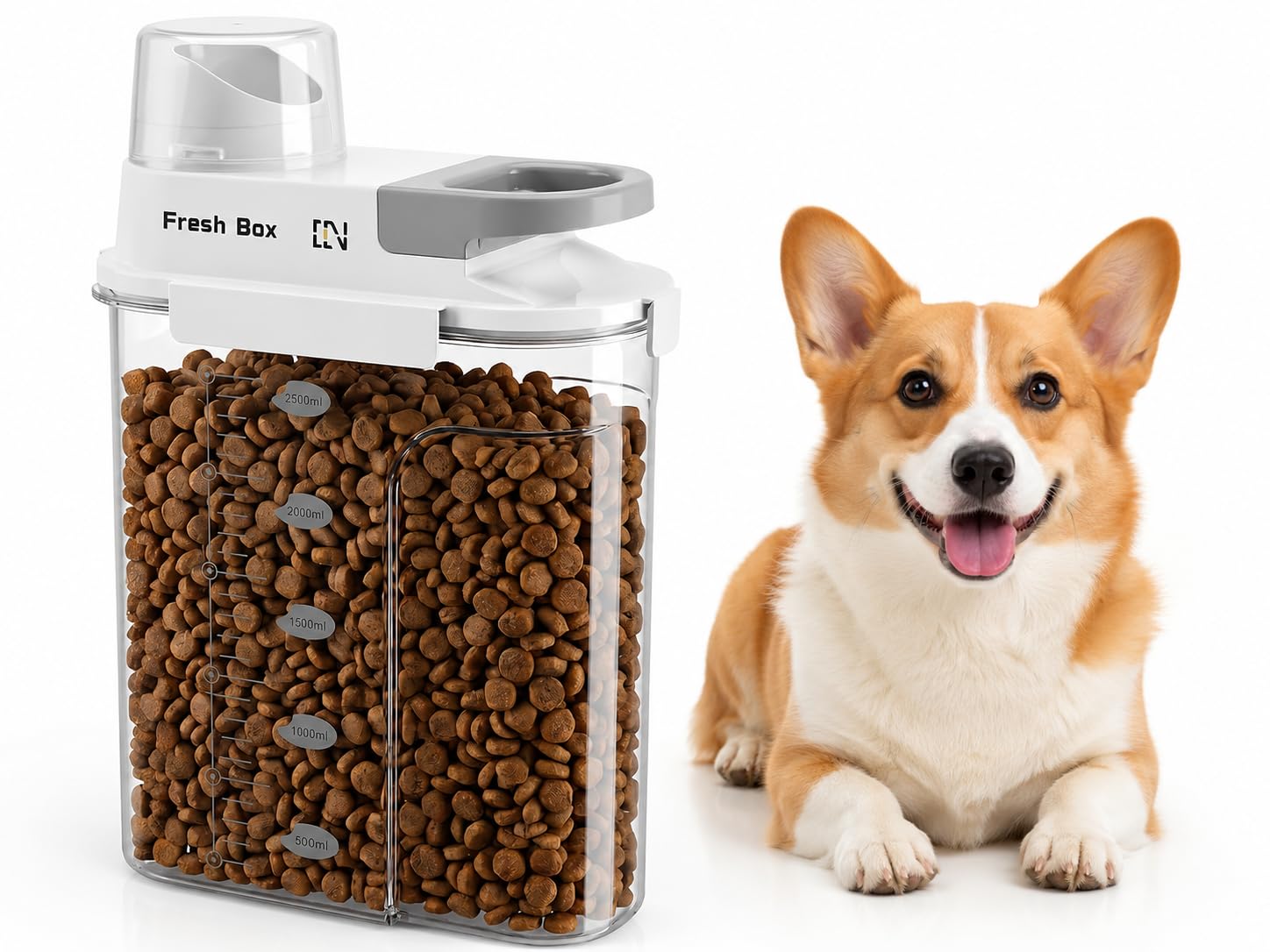 Kryndle Dog Food Storage Container, 2.5L Cereal Storage Containers with Airtight Lid, Pet Food Container with Portable Handle and Measuring Cup, Ideal for Cat Dog Bird Dry Food, Grains and Rice (Gray)