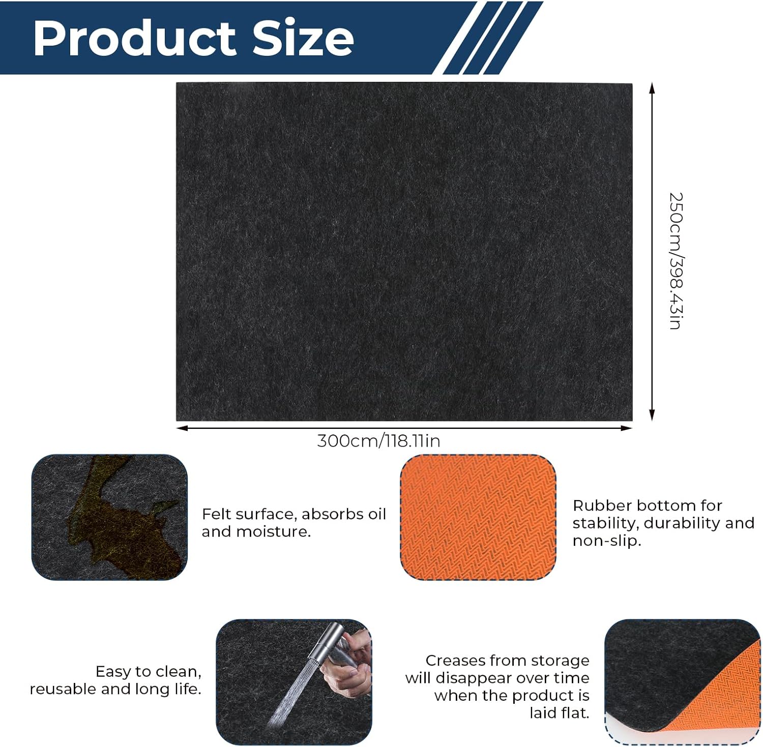 Heavy Duty Oil Spill Mat Absorbent Garage Floor Mat for Under Car 1/4inch Thicked Non-Slip Rubber Backing Pad Protect Floor Washable Durable Reusable Pad for Garage Truck Kitchen Gym (9.8FT × 8.2FT)