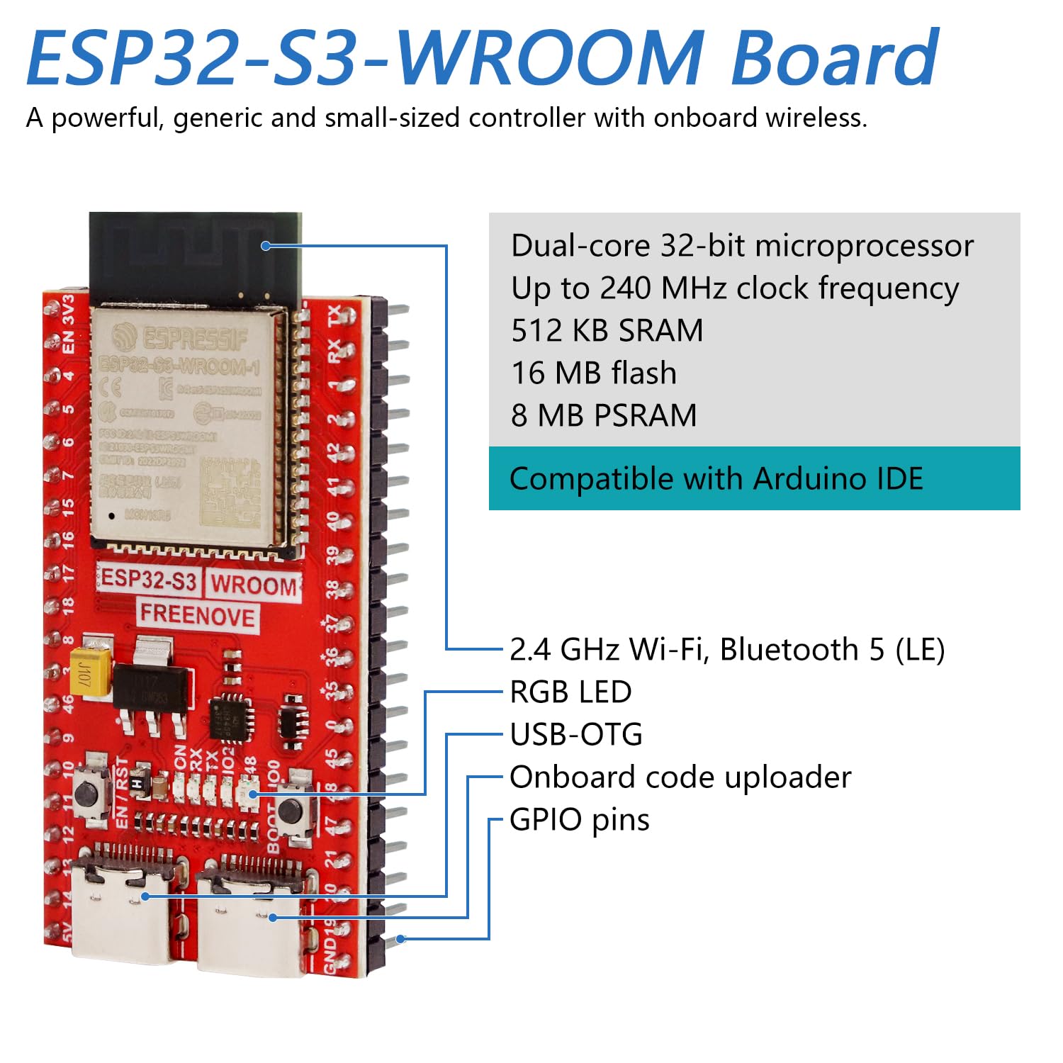 Freenove ESP32-S3 Board Lite 16 MB Flash 2 Pack Dual-core 32-bit 240 MHz Microcontroller Wireless Python C