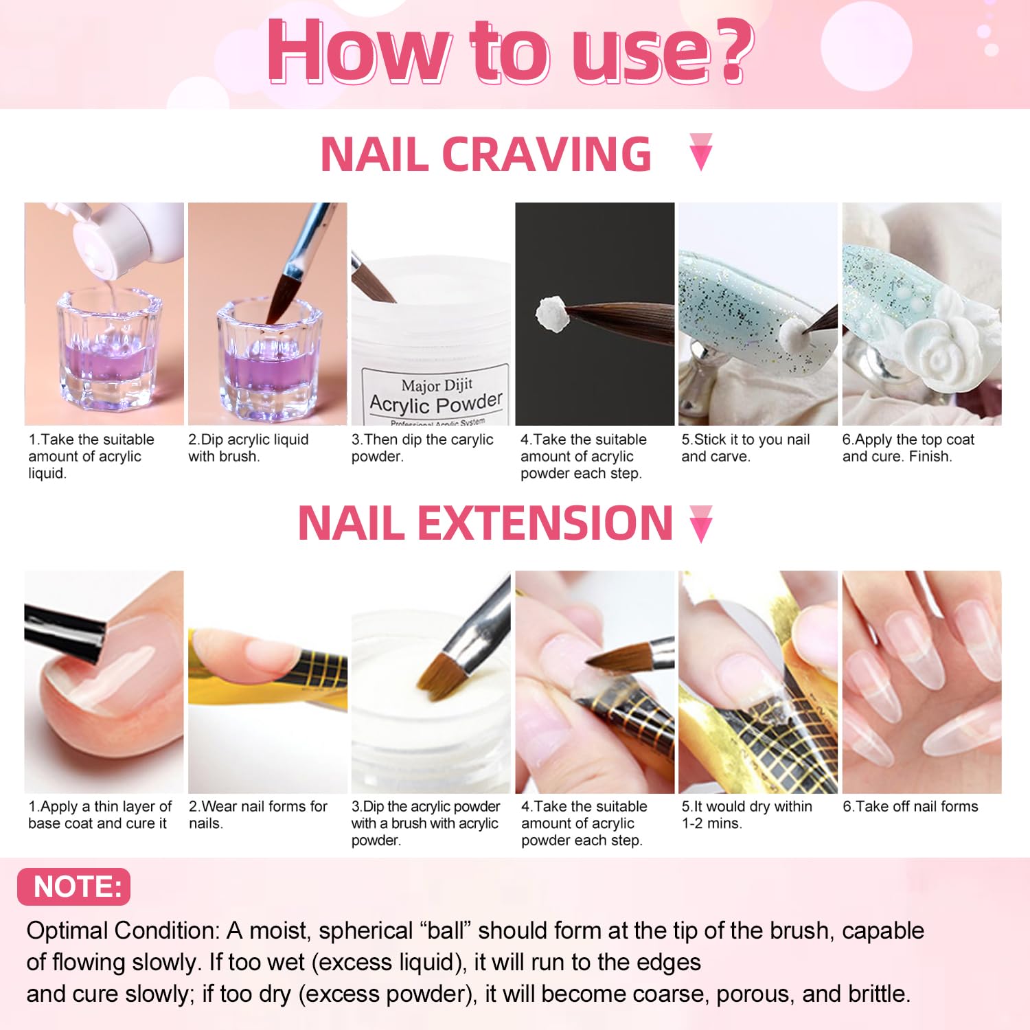 Major Dijit Acryl Nägel Starterset mit UV Lampe Acryl Nagel Set für Anfänger – Acrylpulver, Nagelfeile Nägel Selber Machen Set für luxuriöse Maniküre daheim, Pink Kosmetiktasche, Salonqualität