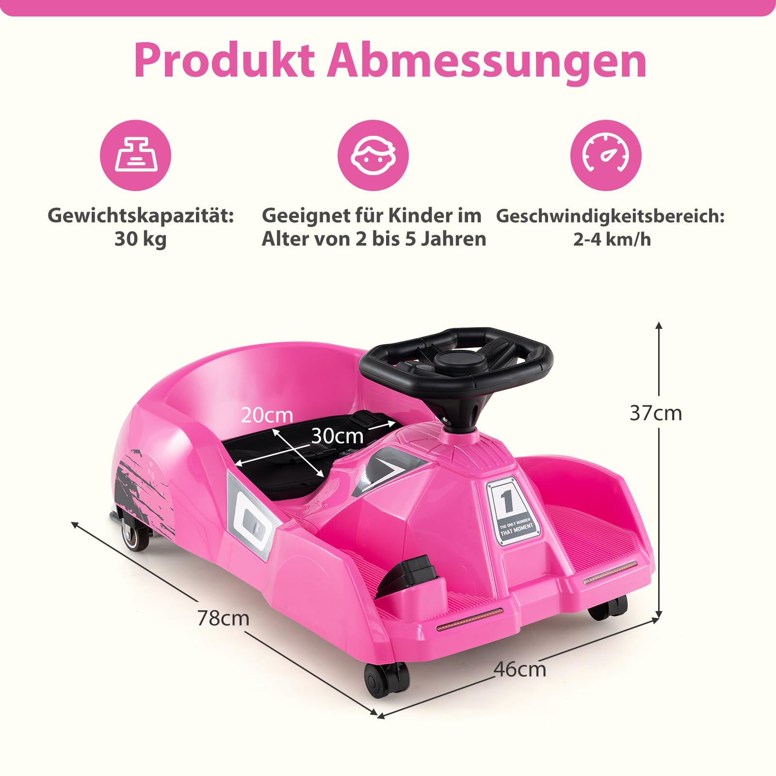 COSTWAY 3 in 1 Reinigungs Kinder Elektro Gokart, 12V Cleaning Drift Kart mit abnehmbarem Mopp, 2-4 km/h, Go Cart mit Musik, Fernbedienung & Hupe, Kinderfahrzeug Tretauto für 2-5 Jahren Kinder (Rosa)
