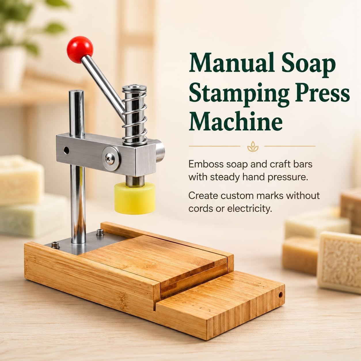 Prensa manual para estampar jabón, metal y bambú, 24,9 cm para manualidades DIY. Molde incluido.