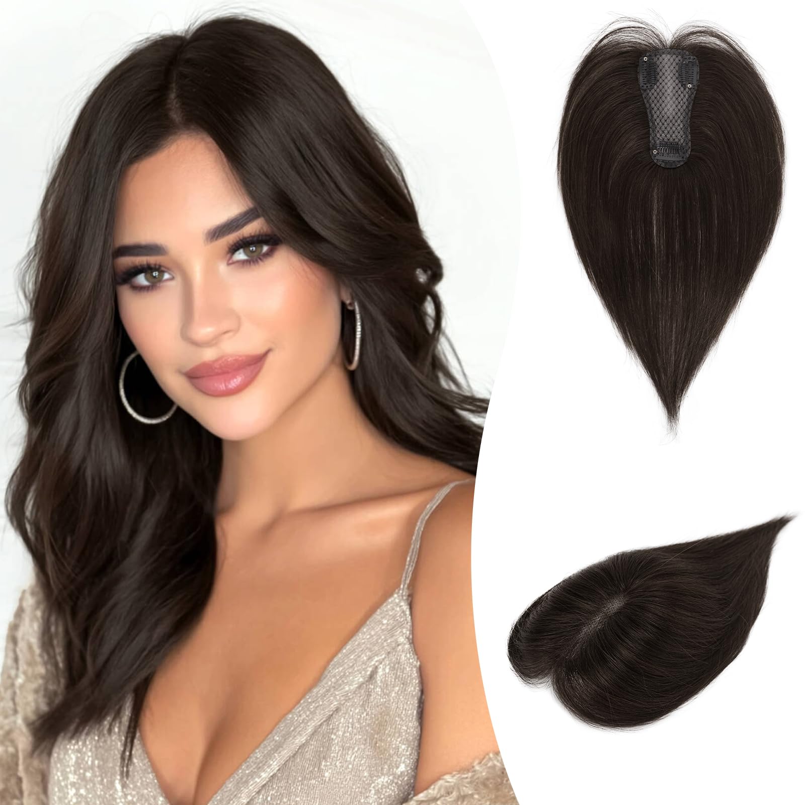 RUWISS Topper Cheveux Humain Femme Marron Foncé Hair Topper Natural Postiches à Clip Légère Droits Cheveux Humains sans Franges