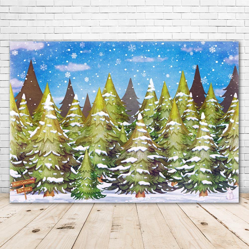 Merry Christmas Backdrop 7x5ft Winter Trees Background Vinyl Happy New Year Backdrops Holiday Photography Backdrop Xmas Theme Party Banner Backdrops Backgrounds for Baby Shower Studio