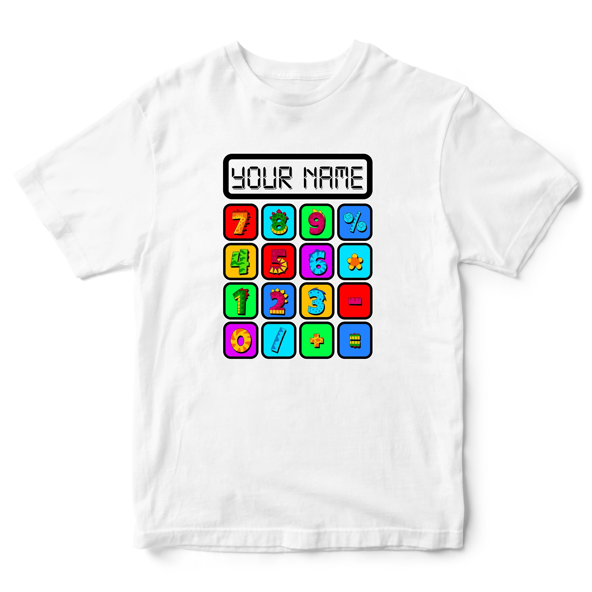 Custom Calculator T Shirt Kids Mathematics Numbers Day Tee Personalised Boys Girls Maths Top, 12-13 Years, White
