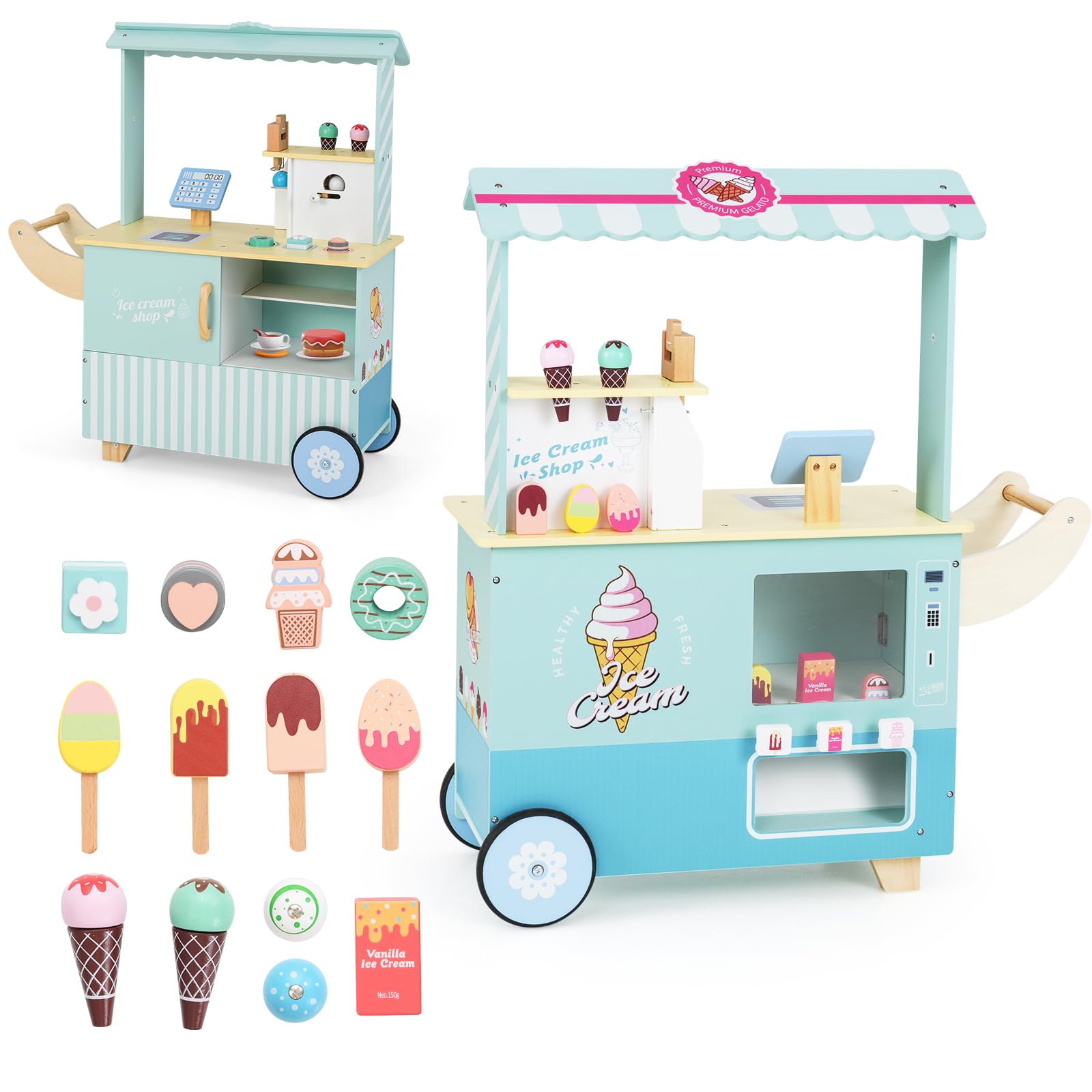 HOMASIS Carrito de Helados de Madera con 15 Accesorios, Juego de simulación con máquina expendedora, Expositor, Pantalla, Heladería con Ruedas y toldo para niños de 3+ años, 75,5x31x88cm (Verde)