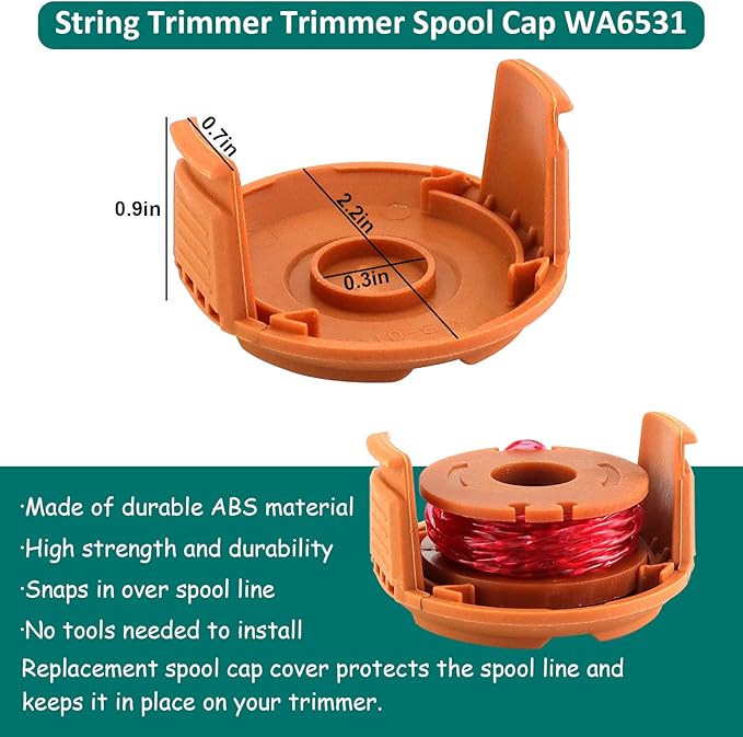 WA0010 String Trimmer Line Spool 0.065 in 10ft Edger Spool Line with WA6531 Spool Cap Cover (12 Spool + 3 Cap) - Premium Worx Weed Eater Replacement