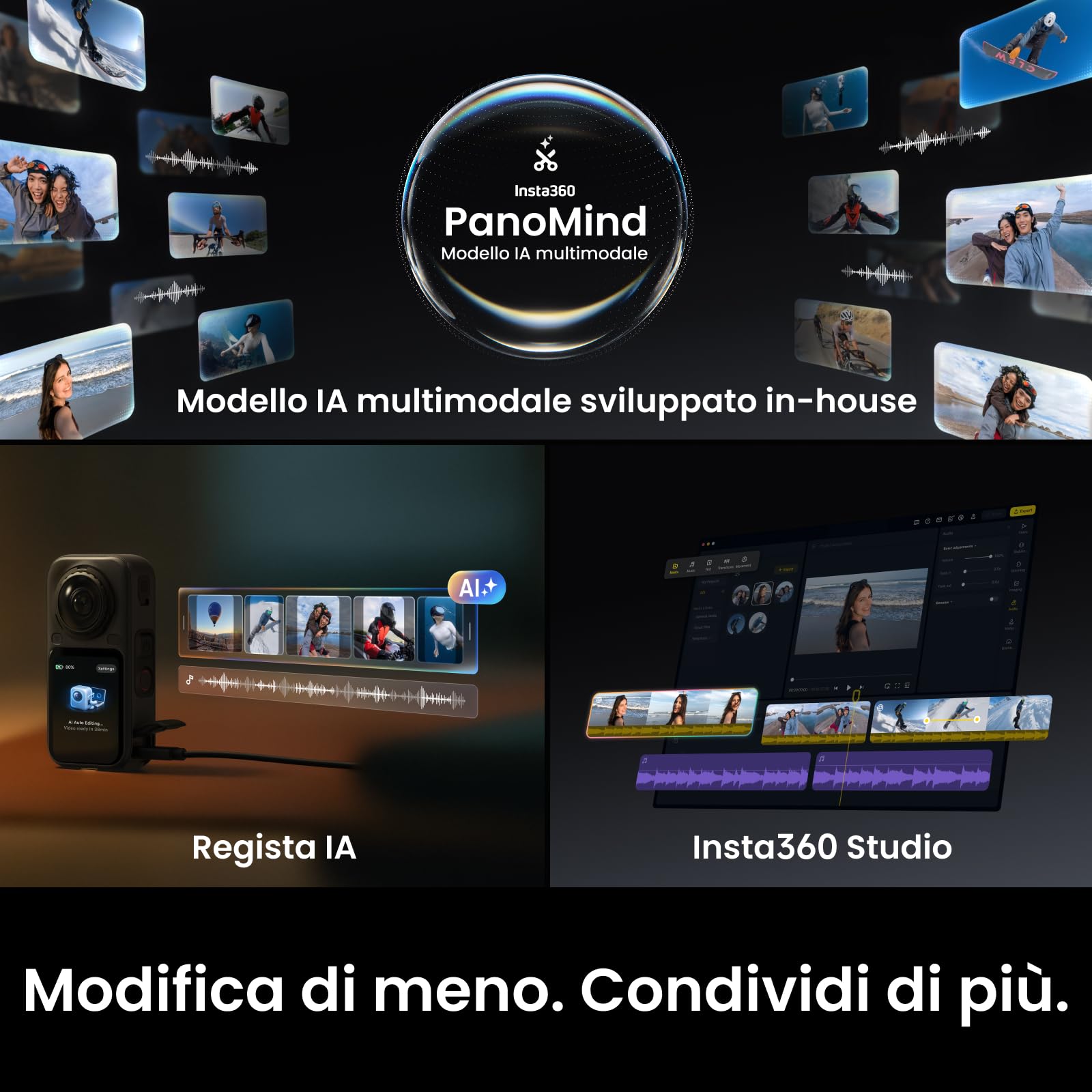 Insta360 X6 - Action cam 360 8K con sensori da 1/1,1″, Nero notte | Videocamera, doppio sensore quadrato personalizzato da 1/1,1″, triplo chip IA, lenti sostituibili 2.0, 140 min di video in 8K