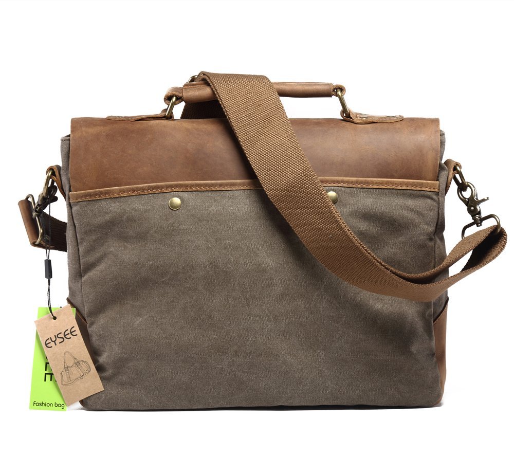 Aktentasche Herren Canvas mit Echtleder, Laptop tasche Retro Schultertasche für 14 Zoll Laptop