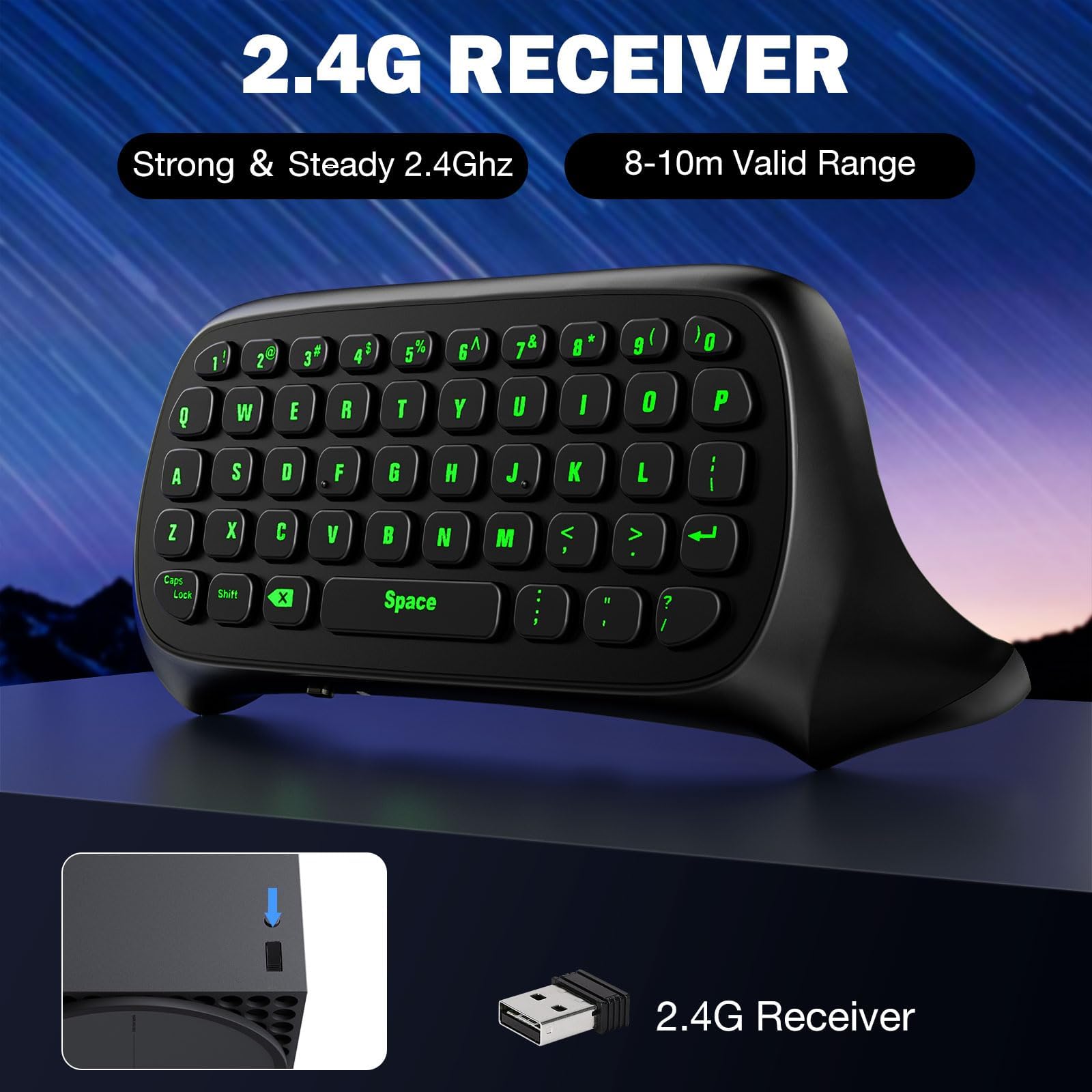 MoKo Xbox One Clavier en Anglais à Rétroéclairage Vert, Manette de Jeu Récepteur 2.4G Casque Prise Jack Audio pour Xbox S/Elite/Series X/S 2020, Anthracite Noir