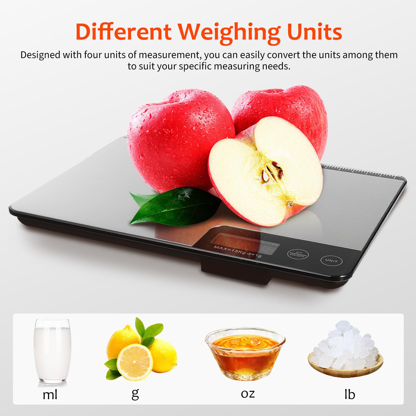 Báscula Digital de Cocina de Acero Inoxidable, 15kg, Tara