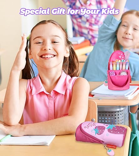 Miniatura 6 de Estuche magnético para lápices de pie para niñas, material de regreso a la escuela, bonito estuche de lápices con cremallera de fresa, bolsa para