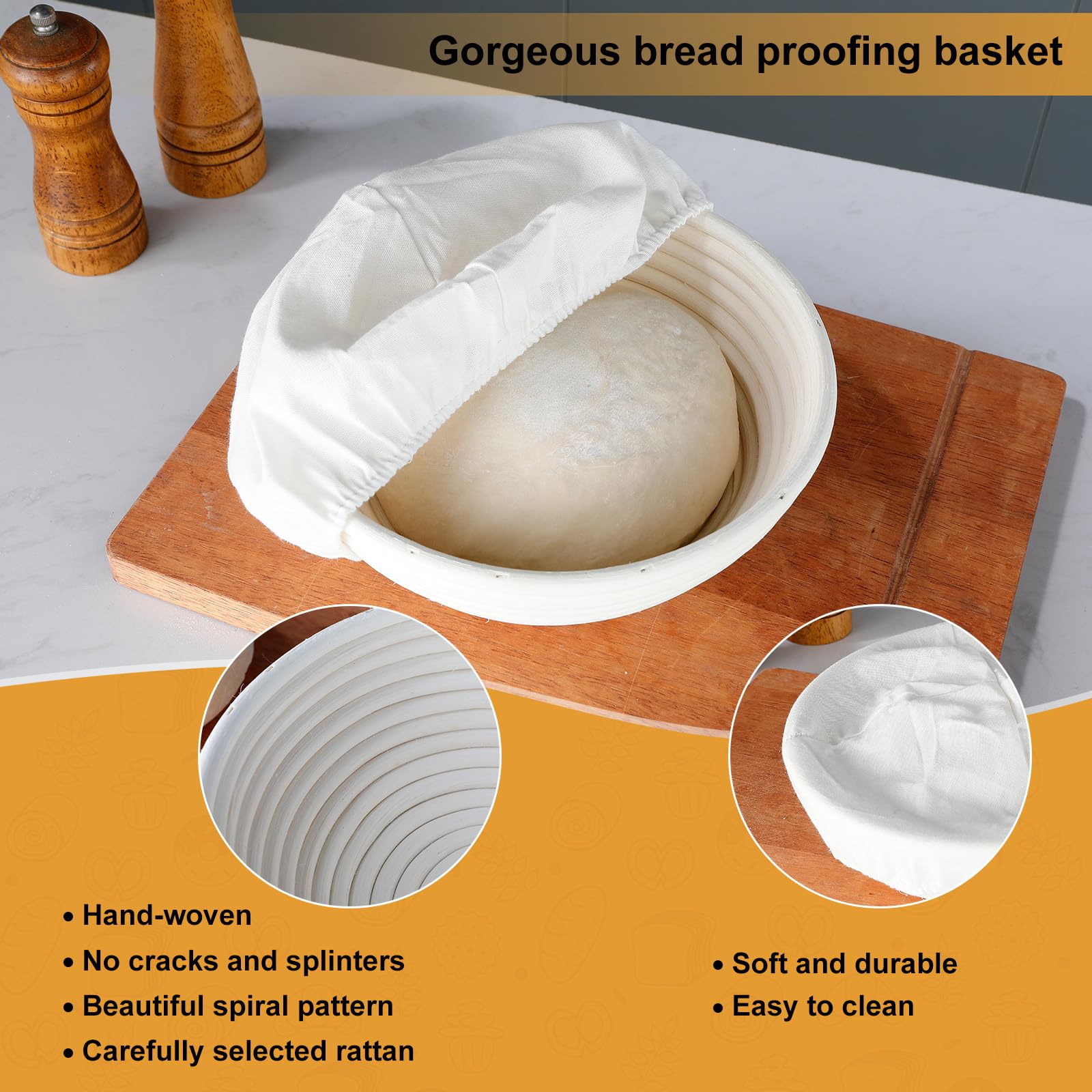 Brotgärkorb, 22,1 cm, runder Korb, Sauerteig-Starter-Set, 3-teiliges Set, Banneton Brotgärkörbchen für Zuhause, Hefebäcker, Backen (3-teiliges Paket, 22,1 cm)
