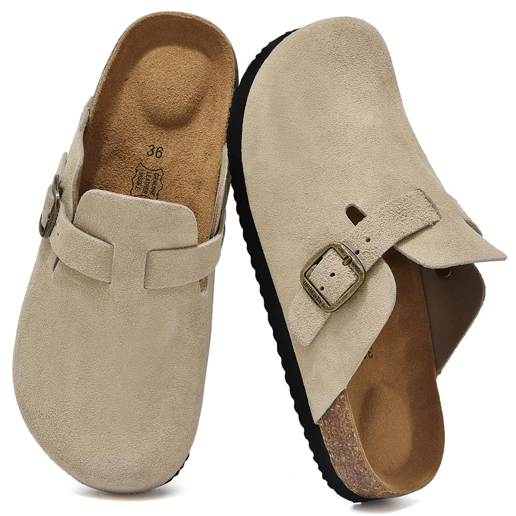 100% Genuine Suede Toddler Kids Clogs with Arch Support, Boys Girls Infant Clogs with Comfort Memory Foam Insole, Non Slip Cork Footbed Mules for Kid with Adjustable Straps