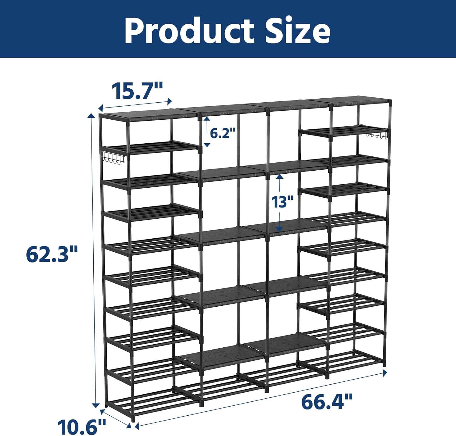 Ekisemio Large Shoe Rack Organizer for Entryway Closet 72-80 Pairs 10-Tier Heavy Duty Tall Garage Shoe Rack Shoe Shelf Shoes Storage with Removable Side Hooks for Bedroom and Garage, Black