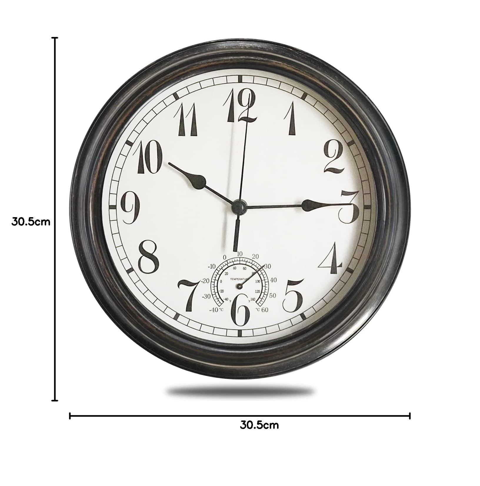 Grande horloge murale d'extérieur et d'intérieur étanche de 30.5 cm avec thermomètre, résistante aux intempéries, sans tic-tac, fonctionne avec des piles, salle de bain, cadeau