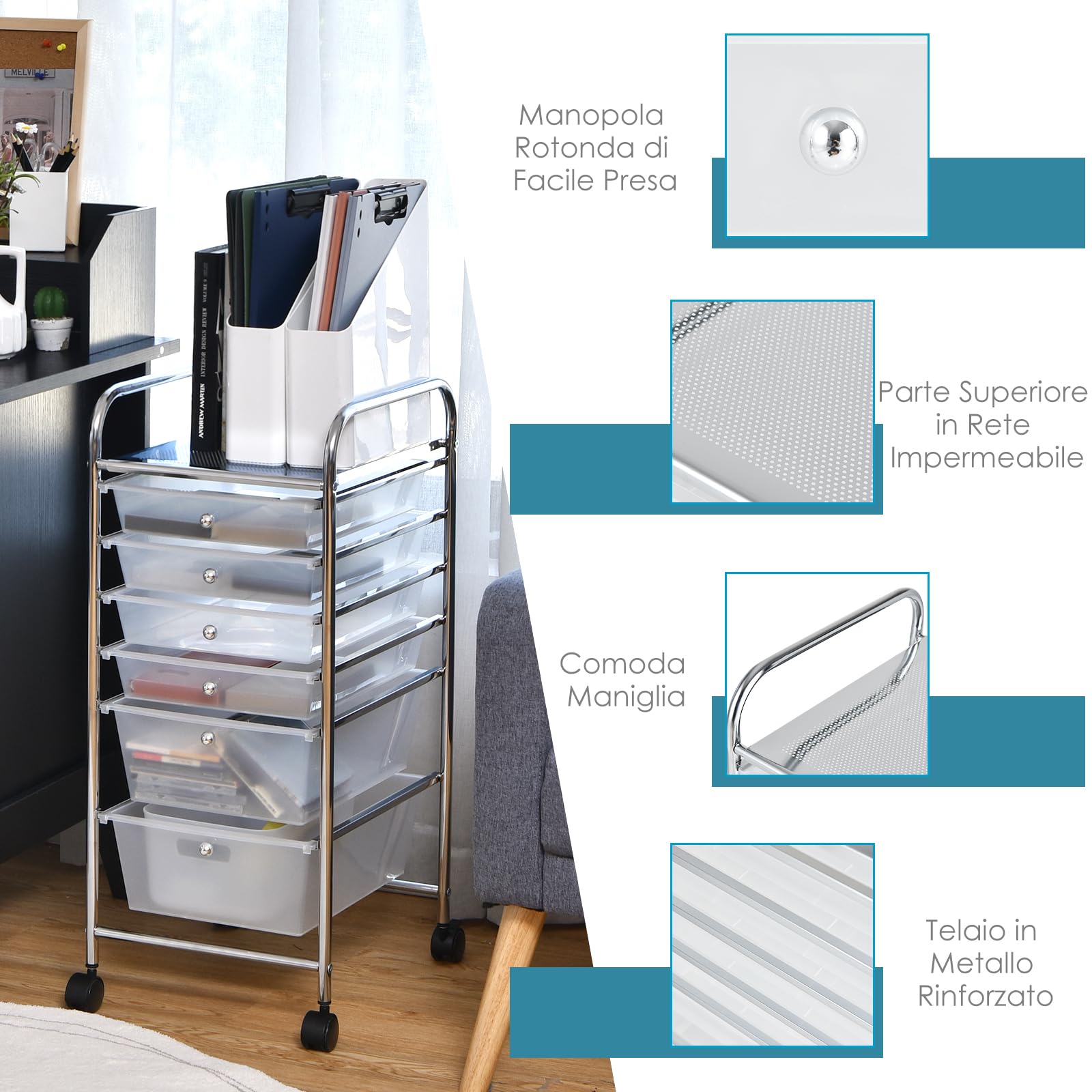 COSTWAY Carrello con 6 Cassetti e Ruote, Cassettiera in Plastica, con Due Dimensioni di Cassetti, Contenitore Multiuso per Casa Bagno e Ufficio, 37 x 74 x 32cm (Trasparente)