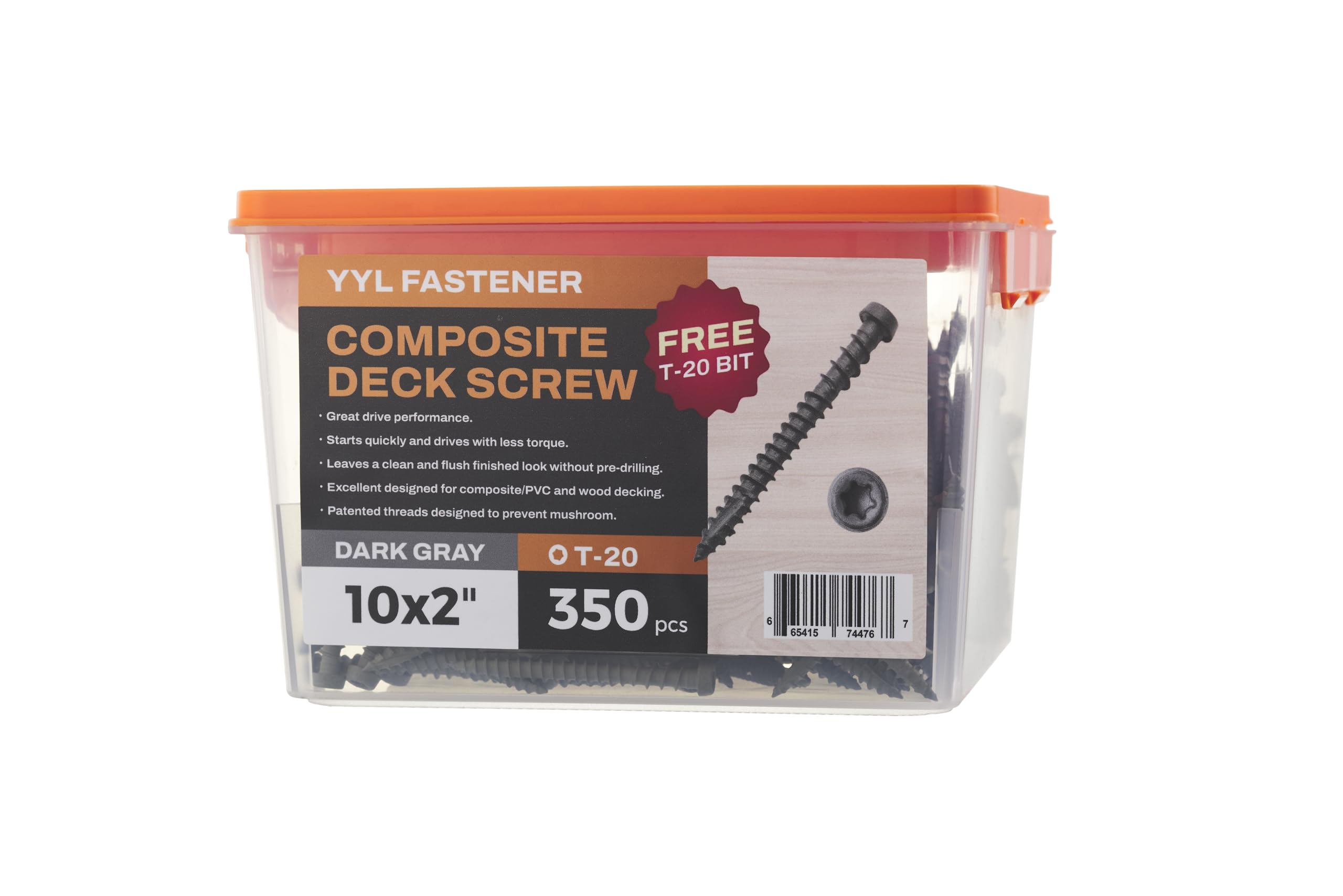 Coated Composite Deck Screws #10 x 2, Self Tapping Wood Screws and Deck Screws with Torx T20 Star Drive, Type 17 Point, Flat Head, 1 Free Bit Included (Dark Gray, 350), by YYL FASTENER