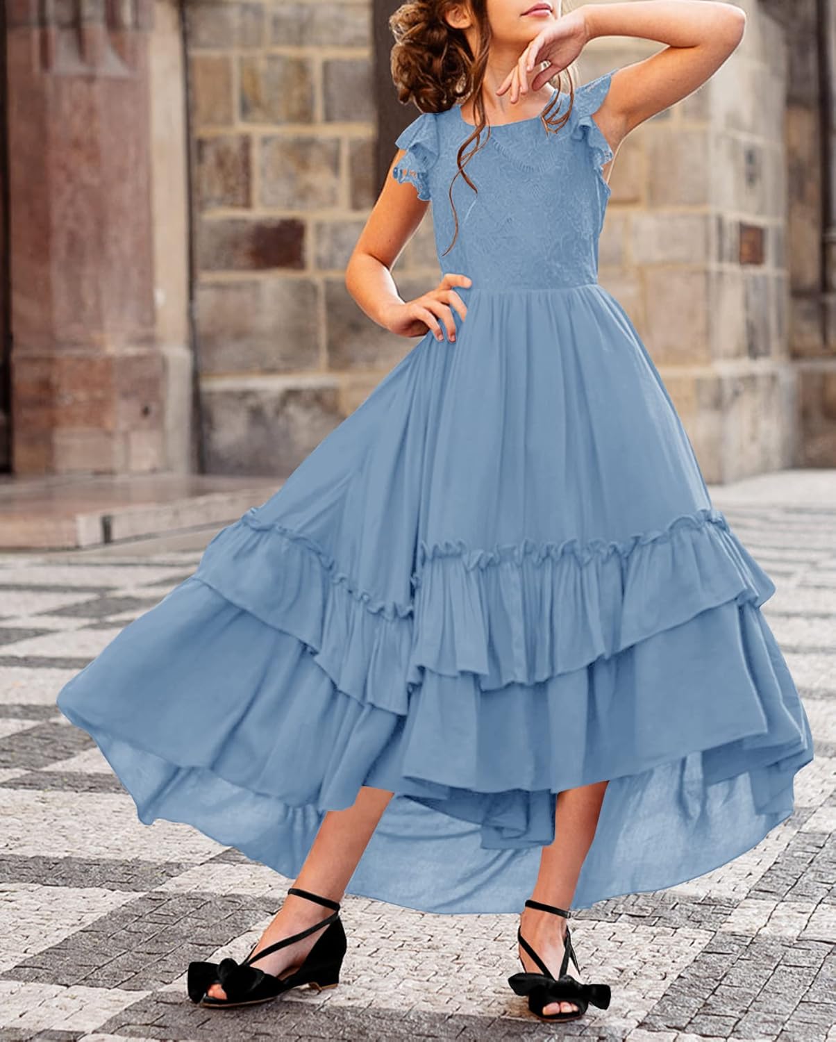 HOSIKA Girls Lace Boho Flower Girl Dress Ruffle Sleeve A-Line Formal Dresses for Wedding Party 6-12 Years - Image 7