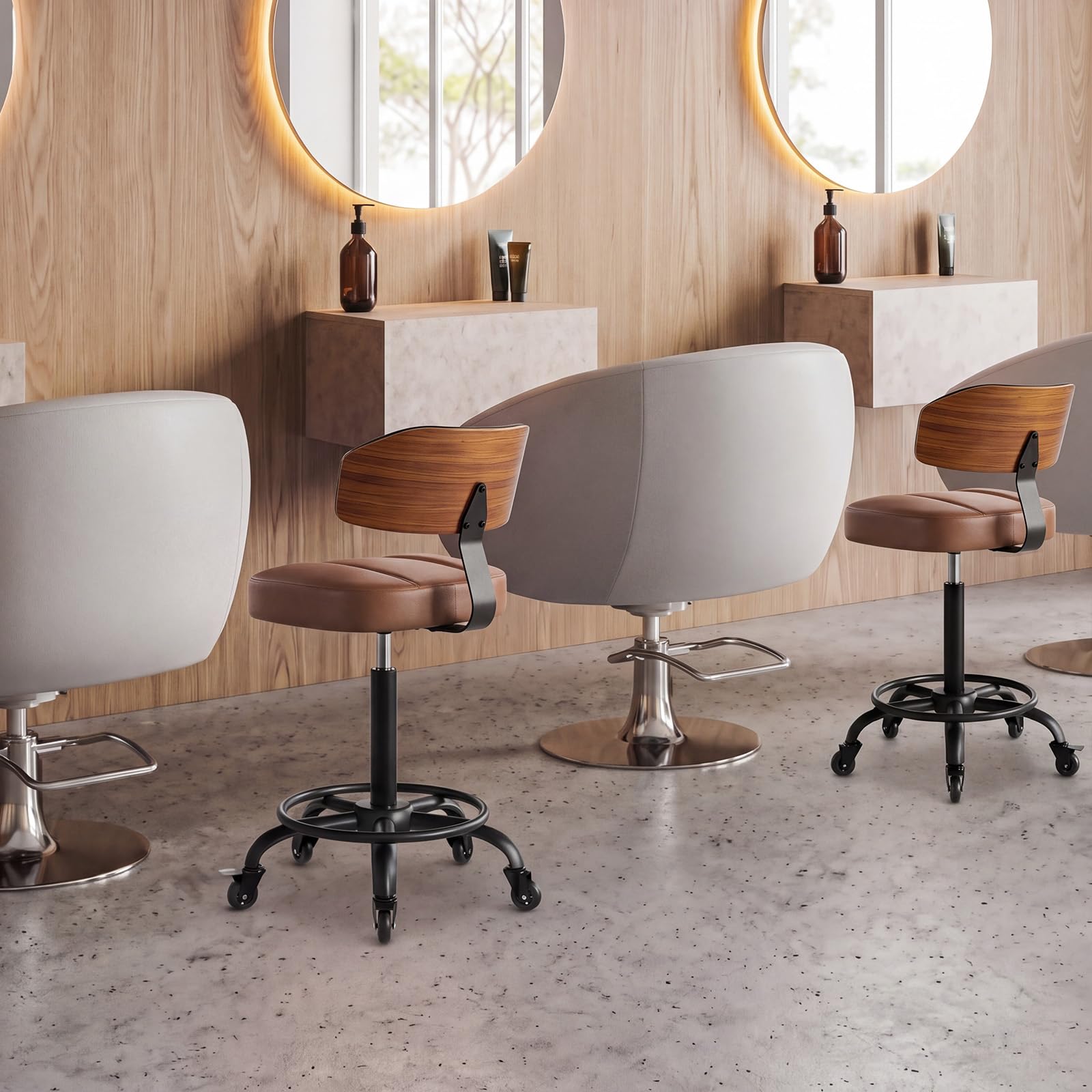 Bürostuhl ohne Armlehnen Drehstuhl 360° Schreibtischstuhl mit Rollen höhenverstellbar PU-Leder für Arbeitszimmer Schlafzimmer Homeoffice Schminkbereich Operationssaal Labor Schwarz Braun