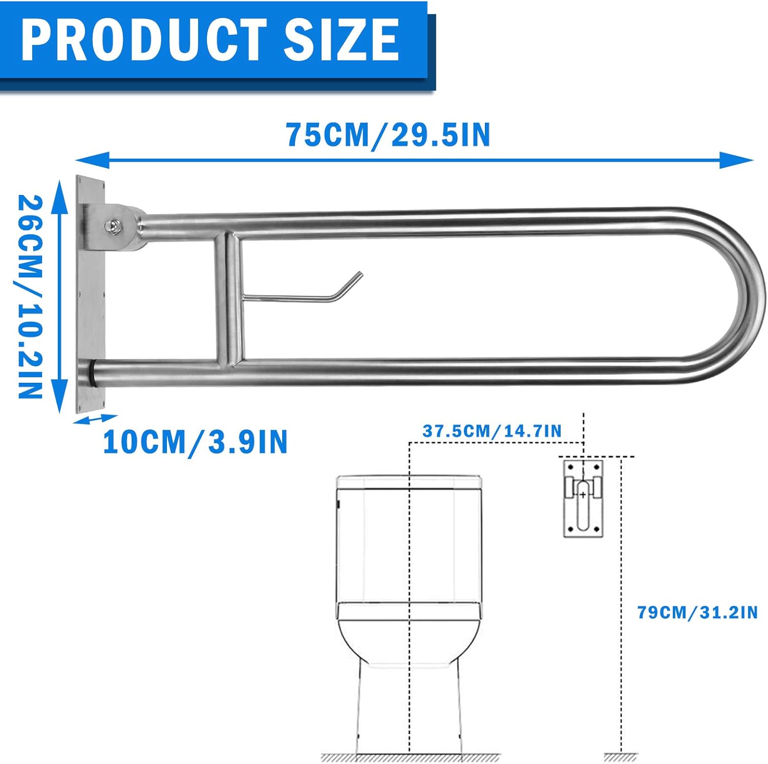 30in Handicap Grab Bars for Bathroom - Toilet Safety Rails Flip Up Grab Bar, Stainless Steel Toilet Grab Bar U-Shaped with Paper Holder for Elderly Bariatric Pregnant Disabled Commode