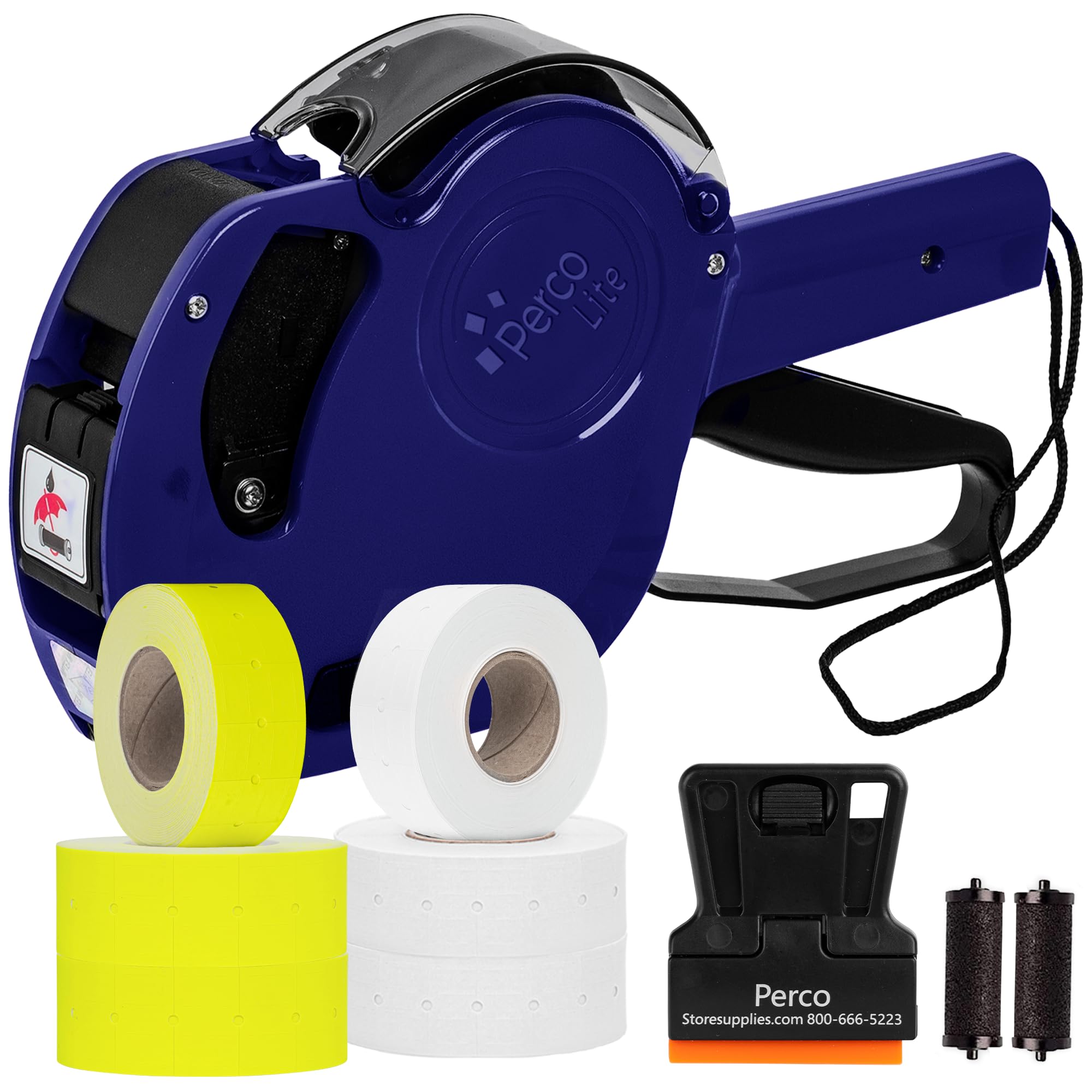 Perco Lite 1 Line Price Gun with Labels Kit - Includes 3 White Rolls, 3 Yellow Rolls, 2 Ink Rollers, 1 Ink roll and Labels Pre-Loaded