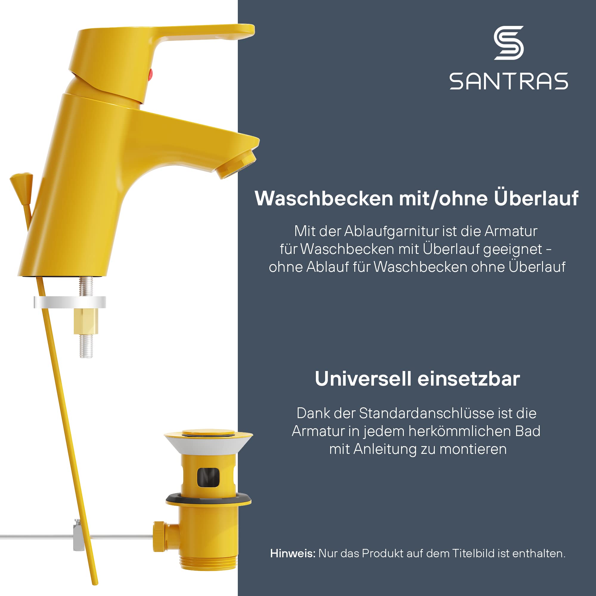 SANTRAS® Bateria umywalkowa do łazienki z wyciągiem w kolorze żółtym – jednouchwytowa bateria mieszająca ciepła zimna do jednego otworu, umywalka kran, Made in Germany