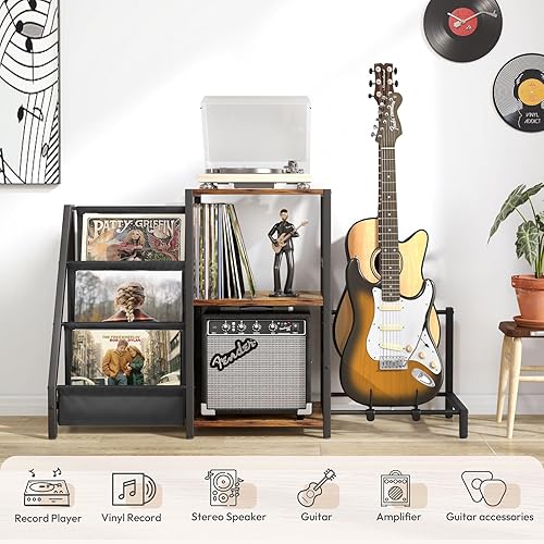 Miniatura 2 de Bikoney Soporte para tocadiscos, soporte para guitarra acústica, guitarra eléctrica, bajo con soporte para amplificador, almacenamiento de discos de