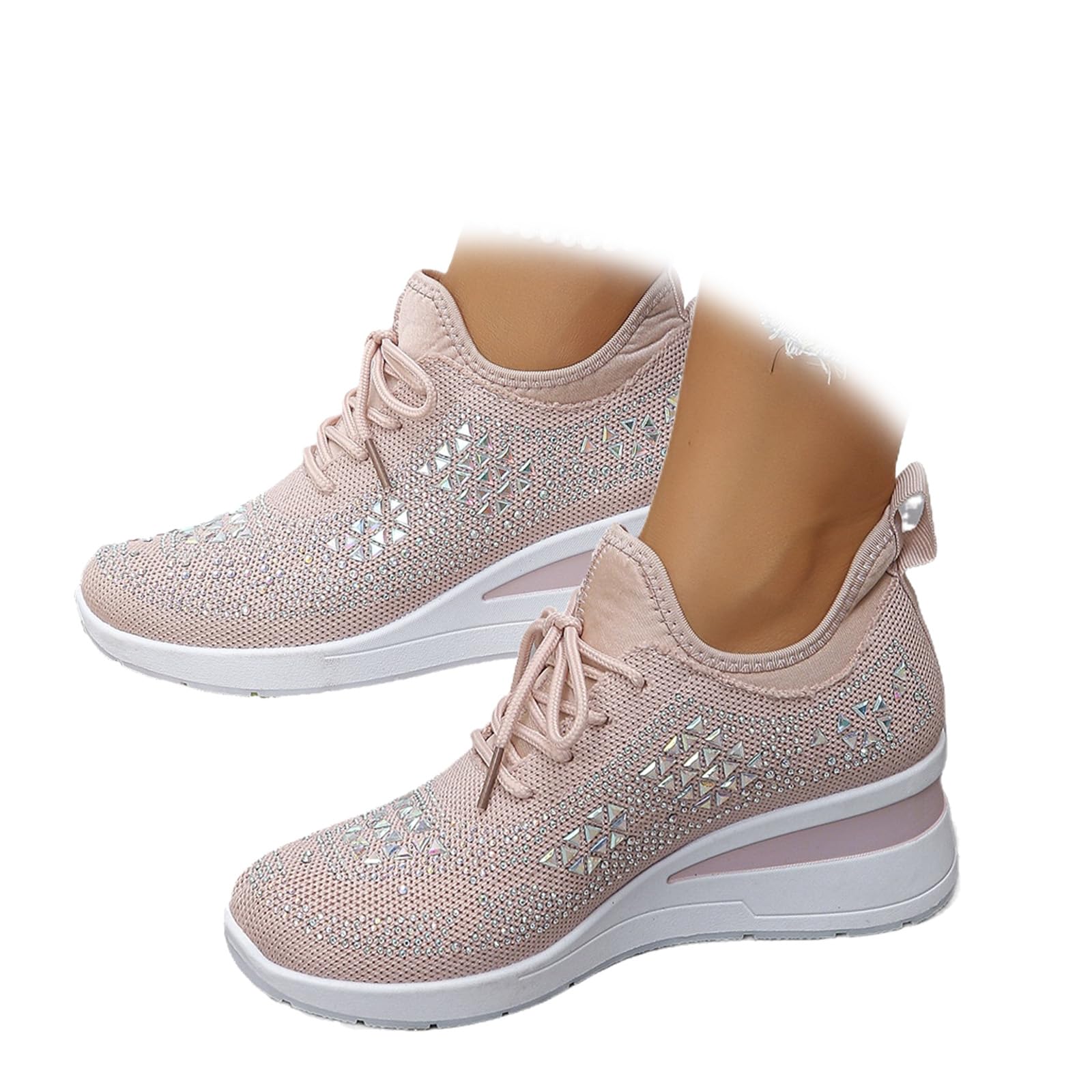 Donna Glittery Rhinestone Fashion Breathable Wedge Sneakers, Sparkly Platform Trainers Lightweight Comfy Slip On Walking Shoes, rosa., 40 EU