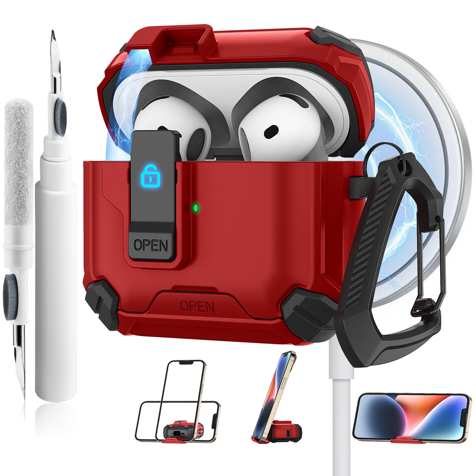 Meliya for AirPods 4 Case, Comes with Phone Holder and Magsafe Function, Automatic Pop-up Full Protection Hard Case with Secure Lock & Cleaner Kit &