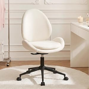 Furniliving Chenille Armless Desk Chair with Wheels, Upholstered Home Office Chair with Double-Layer Cushion, Adjustable Swivel Computer Vanity Chair with Rocking Back, White