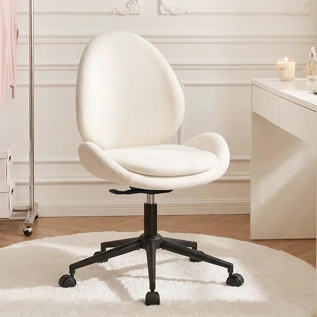 Furniliving Chenille Armless chaise de bureau avec roues, chaise de bureau rembourrée avec coussin double-couche, chaise pivotante réglable avec fond en pierre, blanc