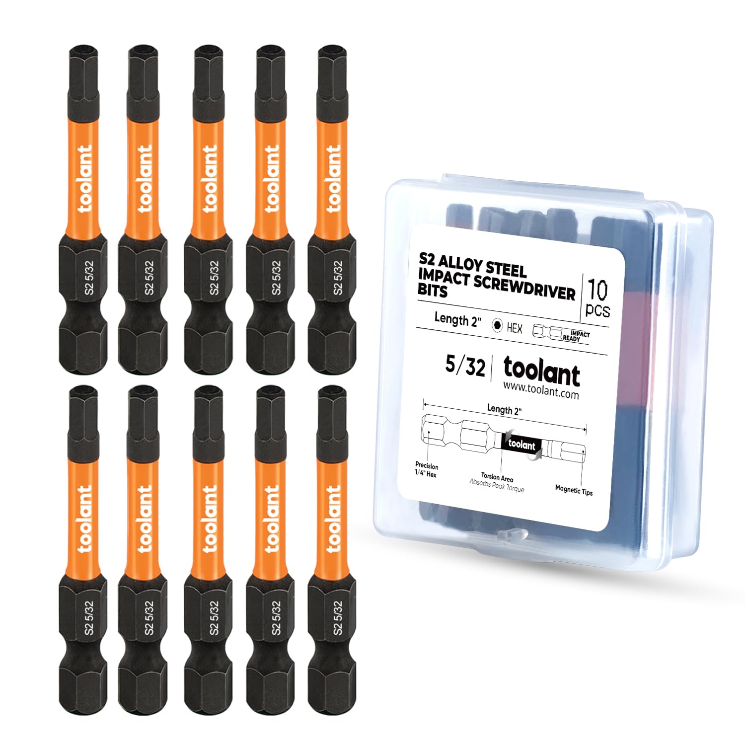 toolant 5/32-inch Impact Hex Bit Set, 10-Piece, 2-inch