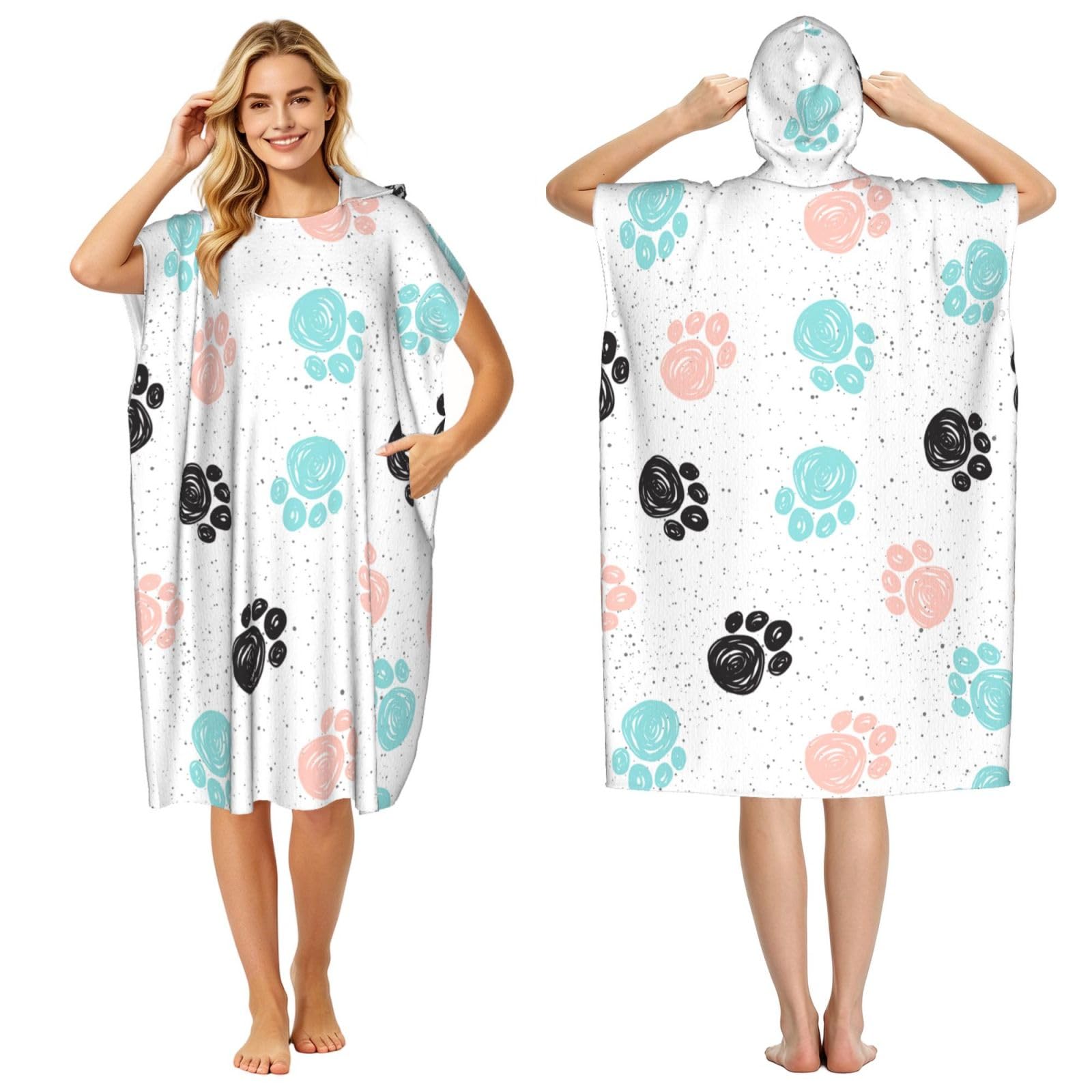 Poadnly Dog Paw Print, Adult Hooded Beach Towel 90 x 110 cm,Changing Bath Robe, Surf Poncho Towel For Women Men