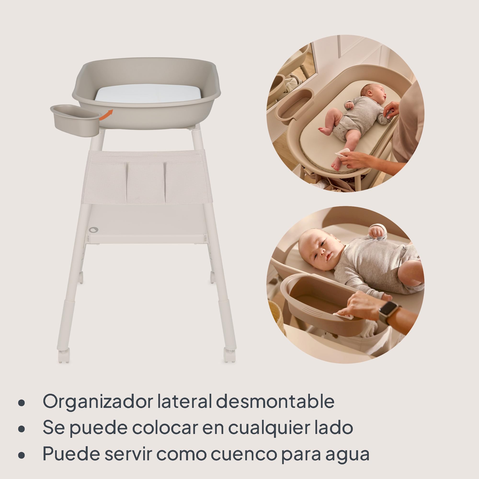 Lionelo Rosie cambiador de bebé, móvil con ruedas, colchón cambiador impermeable, altura regulable, organizadores para accesorios, cuenco para agua, estante para pañales